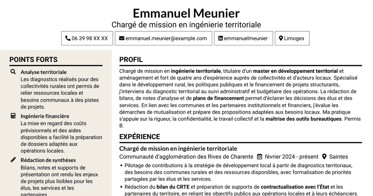 7 modèles de CV pour Chargé de mission - Ingénierie territoriale, avec exemples