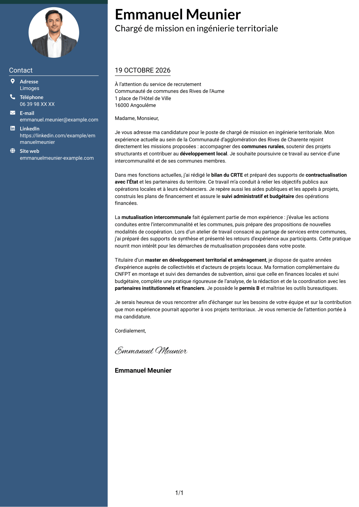 Lettre de motivation Élégant (format à colonne latérale colorée avec photo) : Chargé de mission - Ingénierie territoriale, page 1
