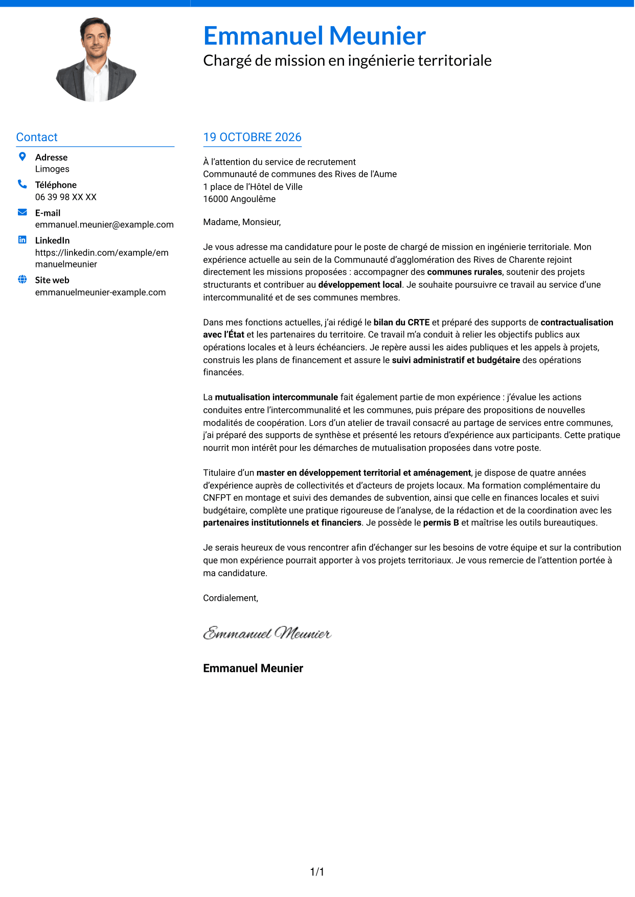 Lettre de motivation Audacieux (format à deux colonnes avec accents colorés et photo) : Chargé de mission - Ingénierie territoriale, page 1