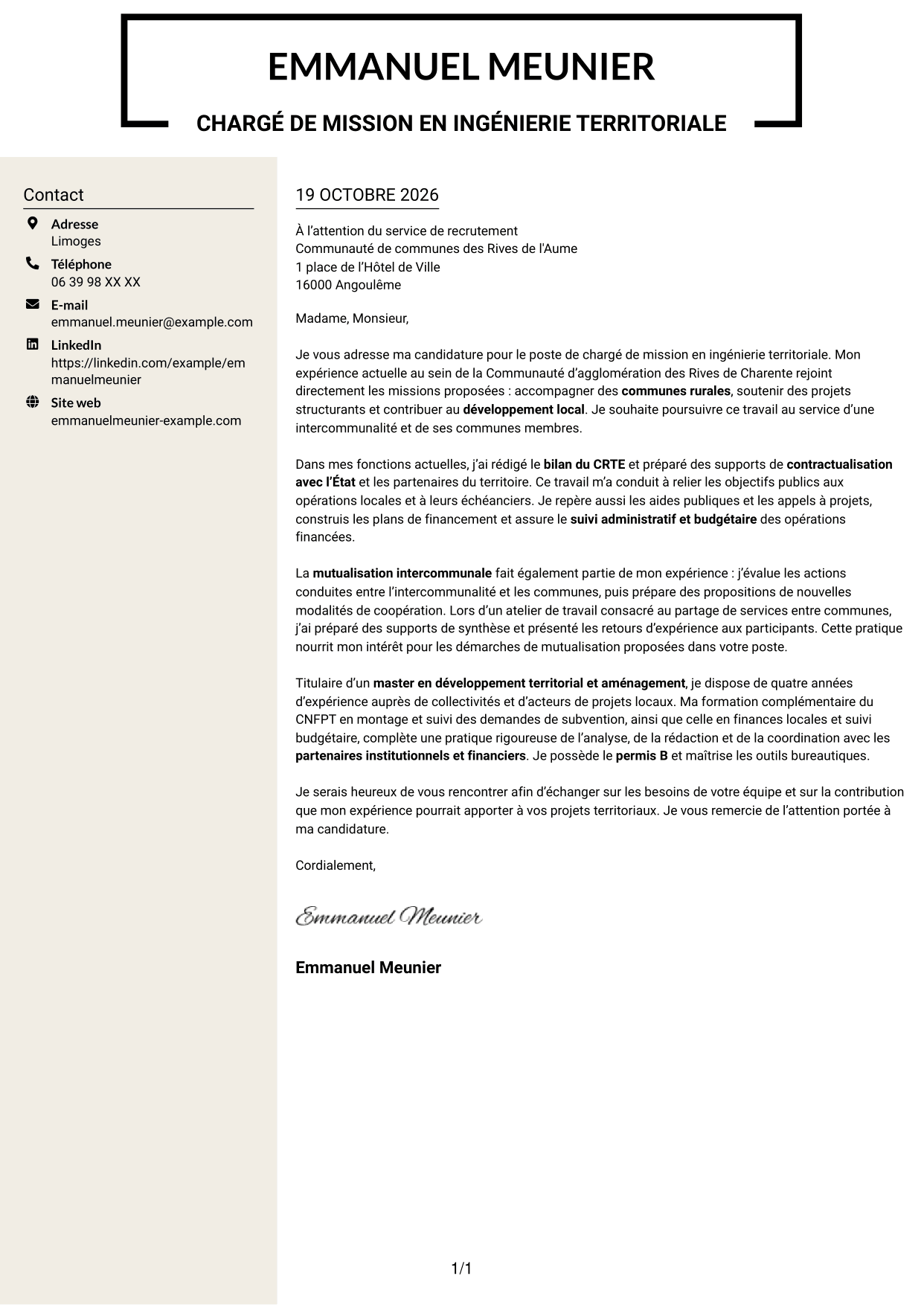 Lettre de motivation Fonceur (format à deux colonnes avec en-tête centré sans photo) : Chargé de mission - Ingénierie territoriale, page 1