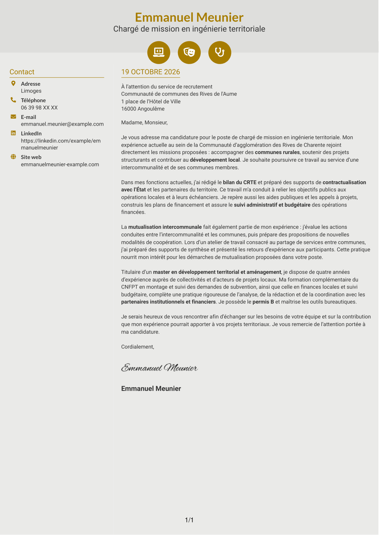 Lettre de motivation Dynamique (format à deux colonnes avec icônes) : Chargé de mission - Ingénierie territoriale, page 1