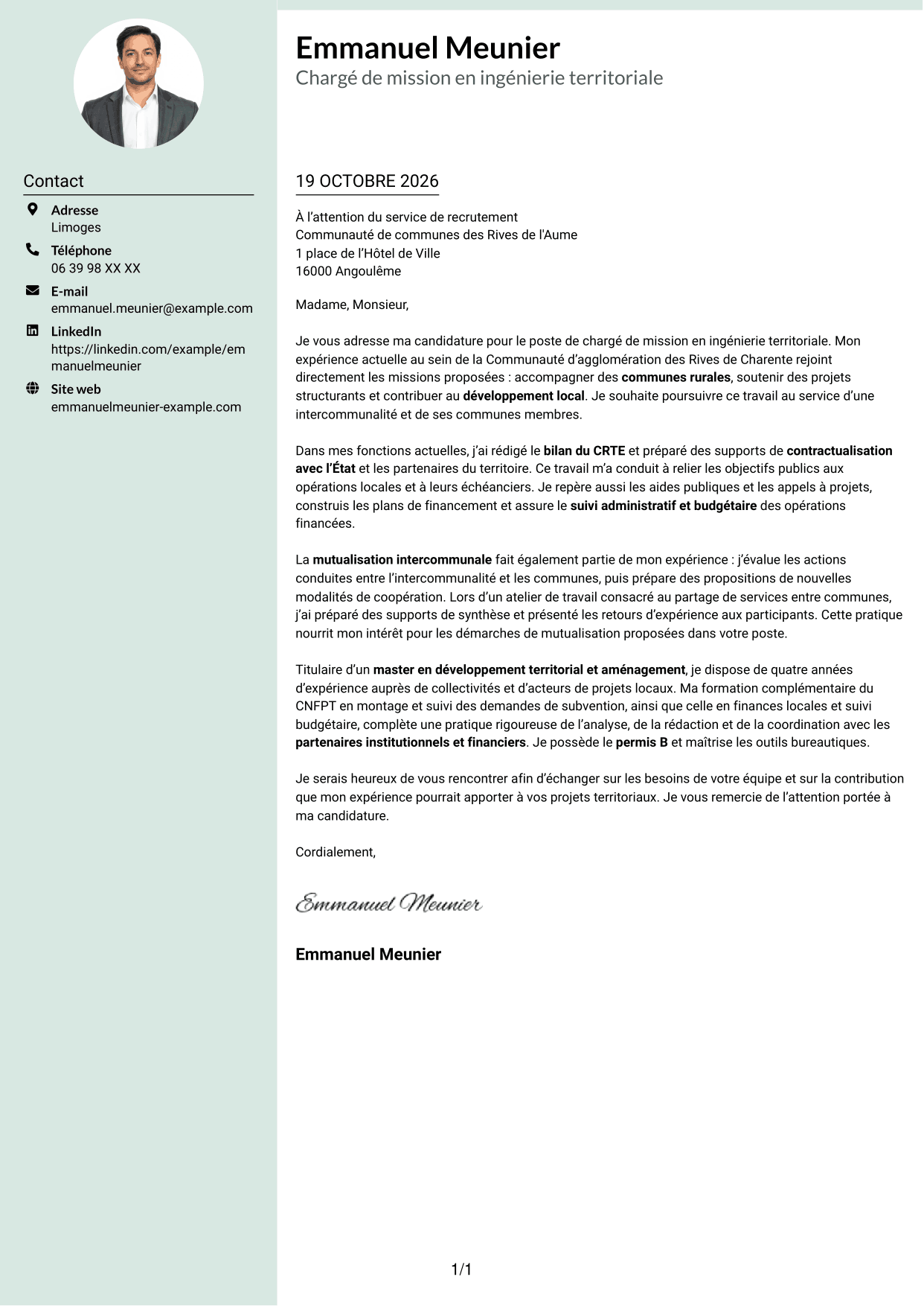 Lettre de motivation Cadre (format à colonne latérale douce avec photo arrondie) : Chargé de mission - Ingénierie territoriale, page 1