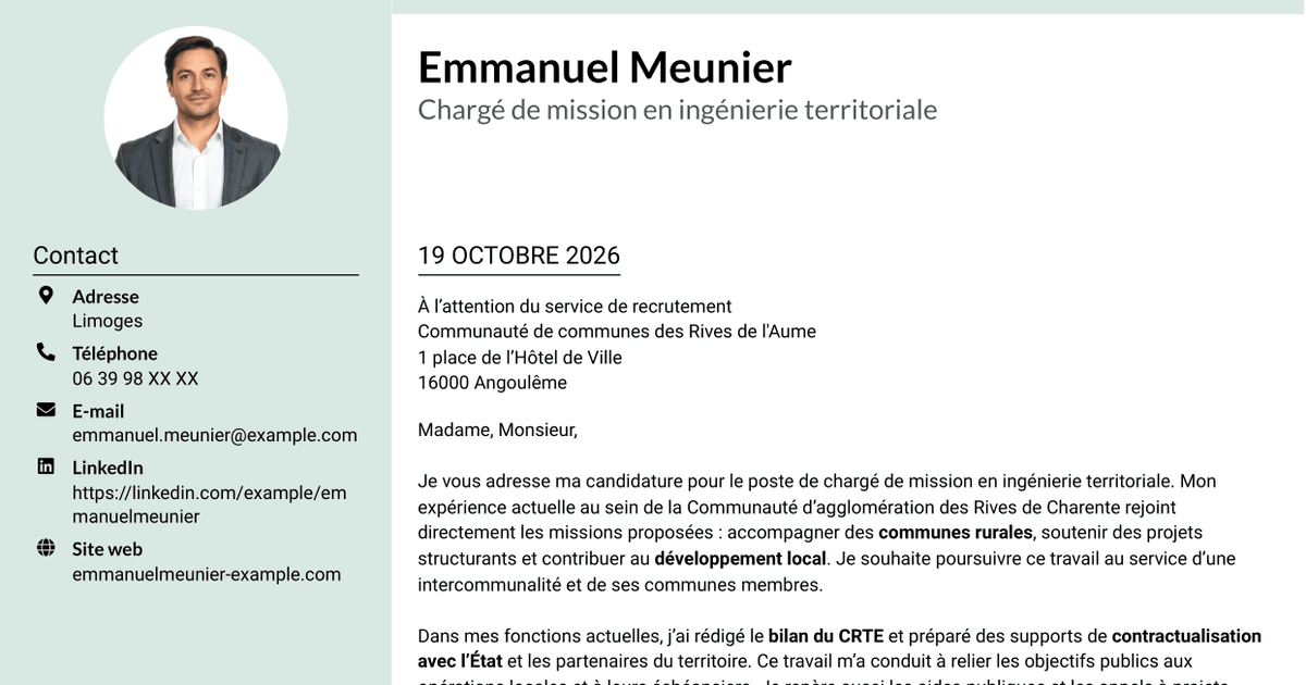 7 modèles de lettre de motivation pour Chargé de mission - Ingénierie territoriale, avec exemples