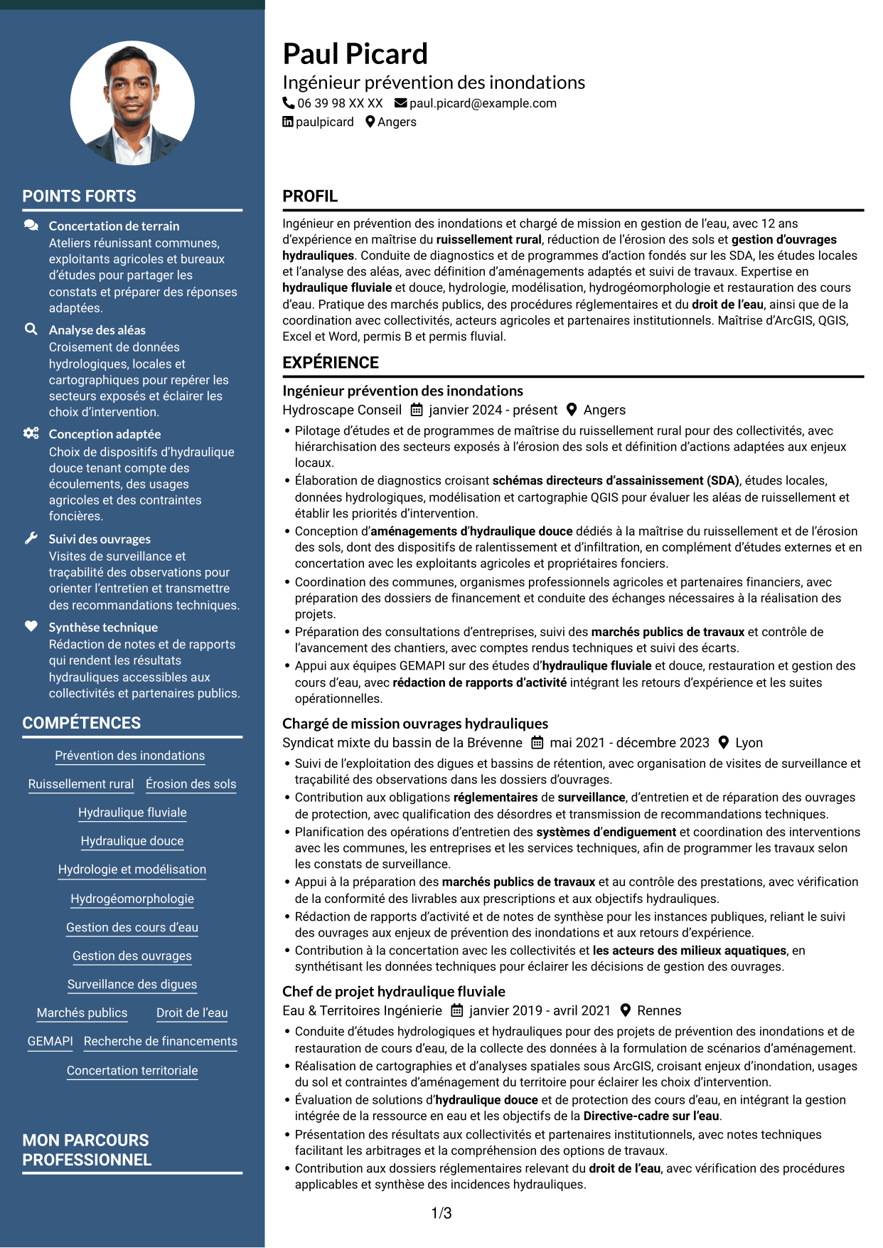 CV Élégant (format à colonne latérale colorée avec photo) : Chargé de mission prévention des inondations - Ruissellement rural, page 1