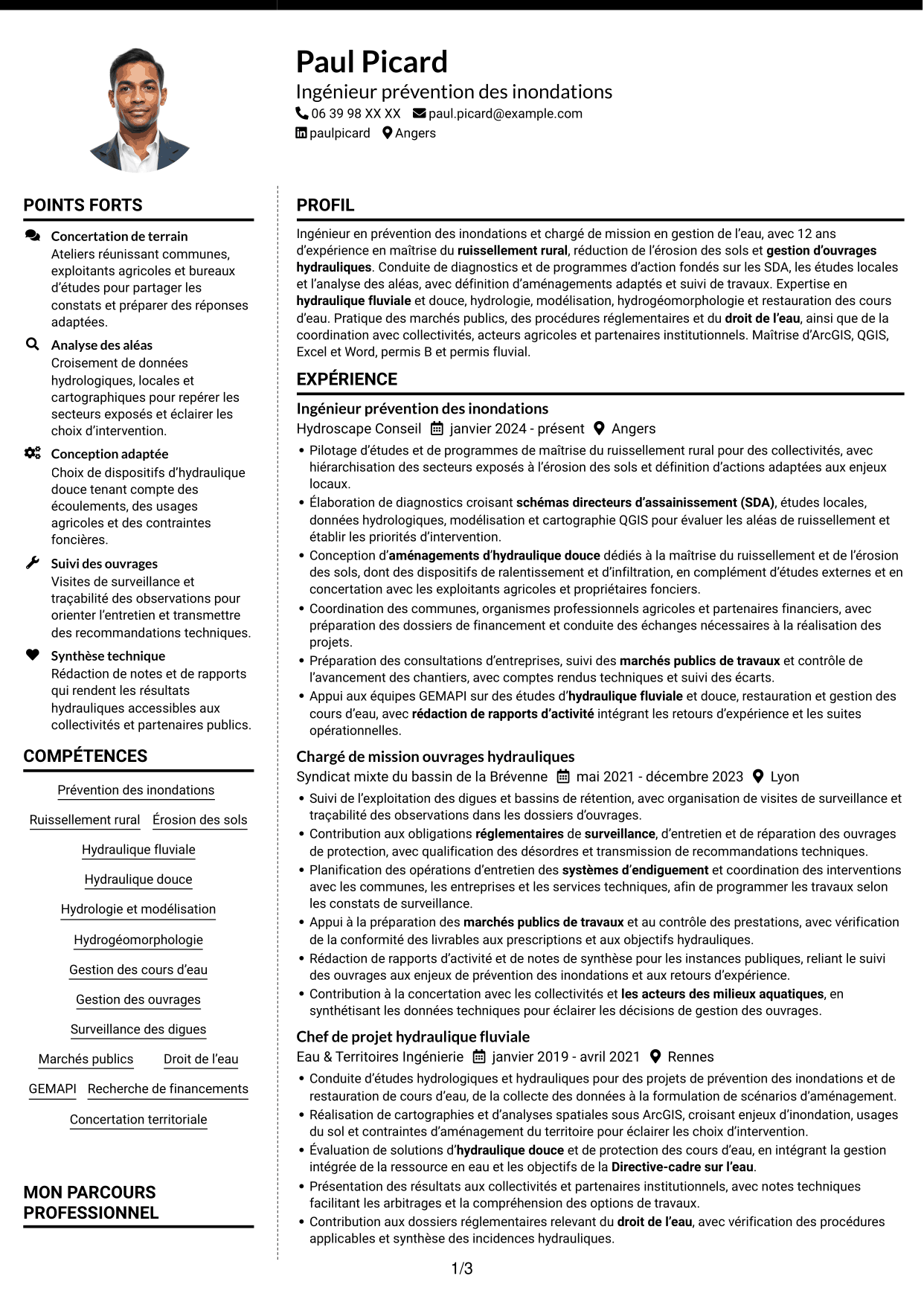 CV Moderne (format à deux colonnes avec photo à gauche et séparateur) : Chargé de mission prévention des inondations - Ruissellement rural, page 1