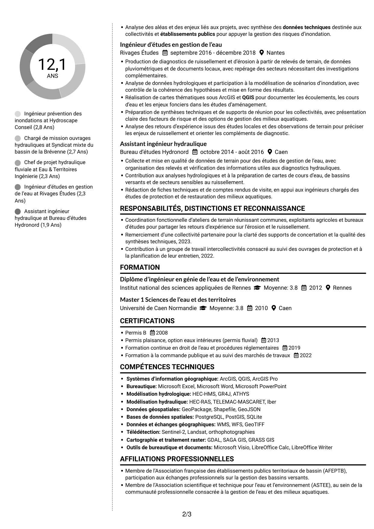 CV Moderne (format à deux colonnes avec photo à gauche et séparateur) : Chargé de mission prévention des inondations - Ruissellement rural, page 2