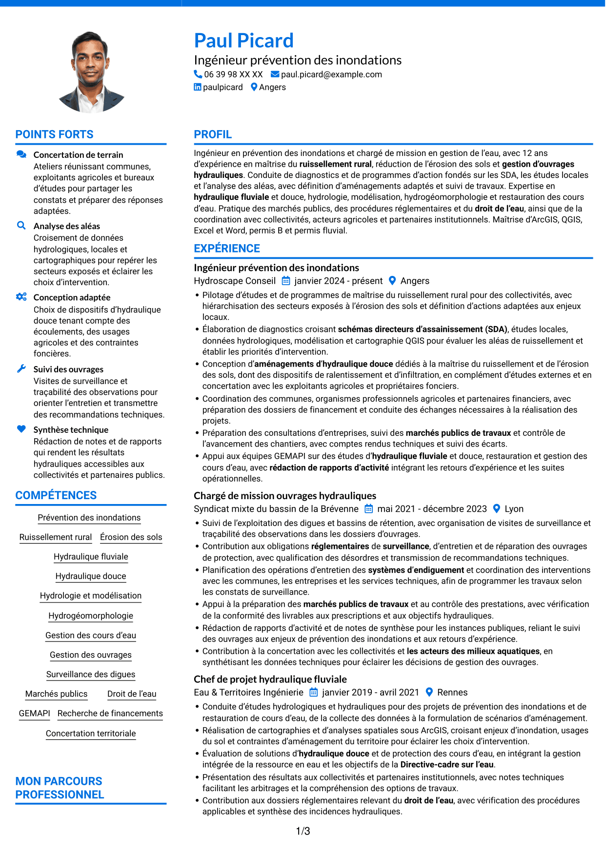 CV Audacieux (format à deux colonnes avec accents colorés et photo) : Chargé de mission prévention des inondations - Ruissellement rural, page 1
