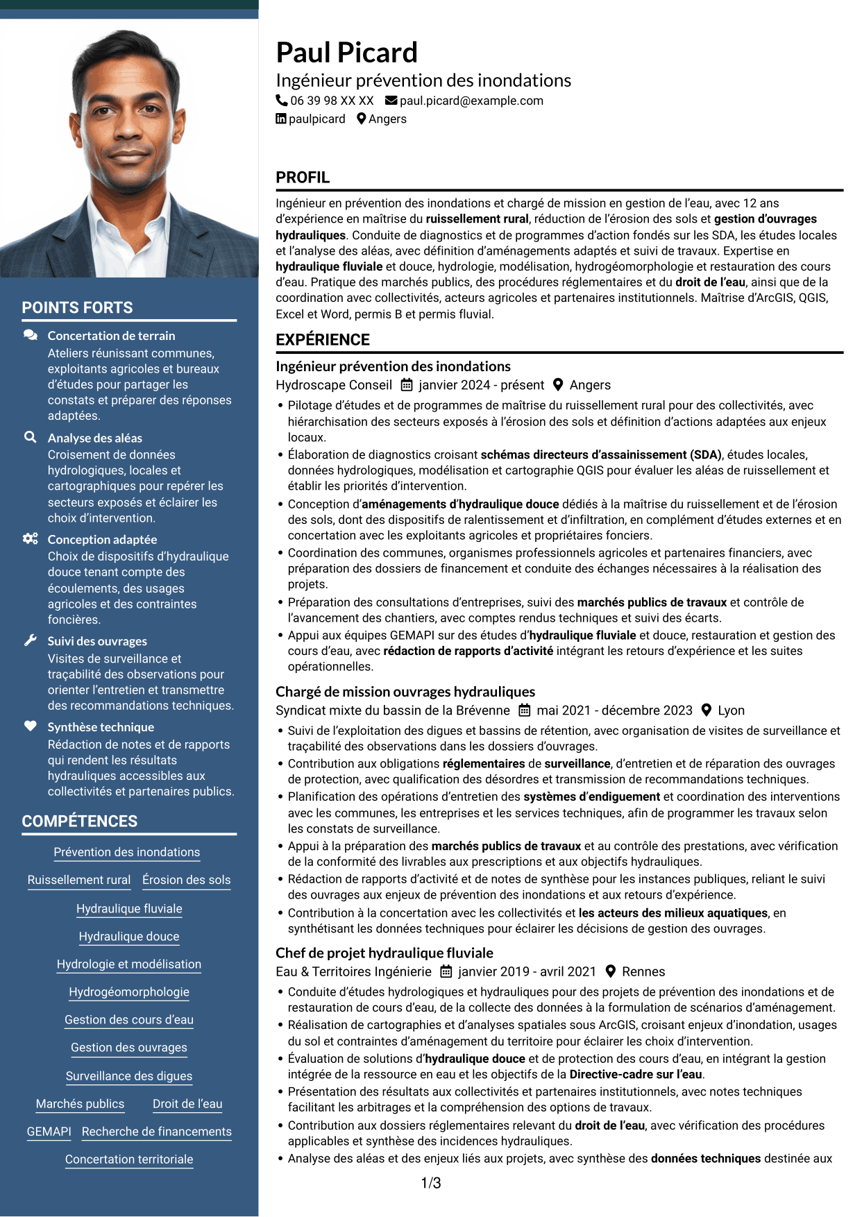 CV Signature (format à colonne latérale colorée avec grande photo) : Chargé de mission prévention des inondations - Ruissellement rural, page 1
