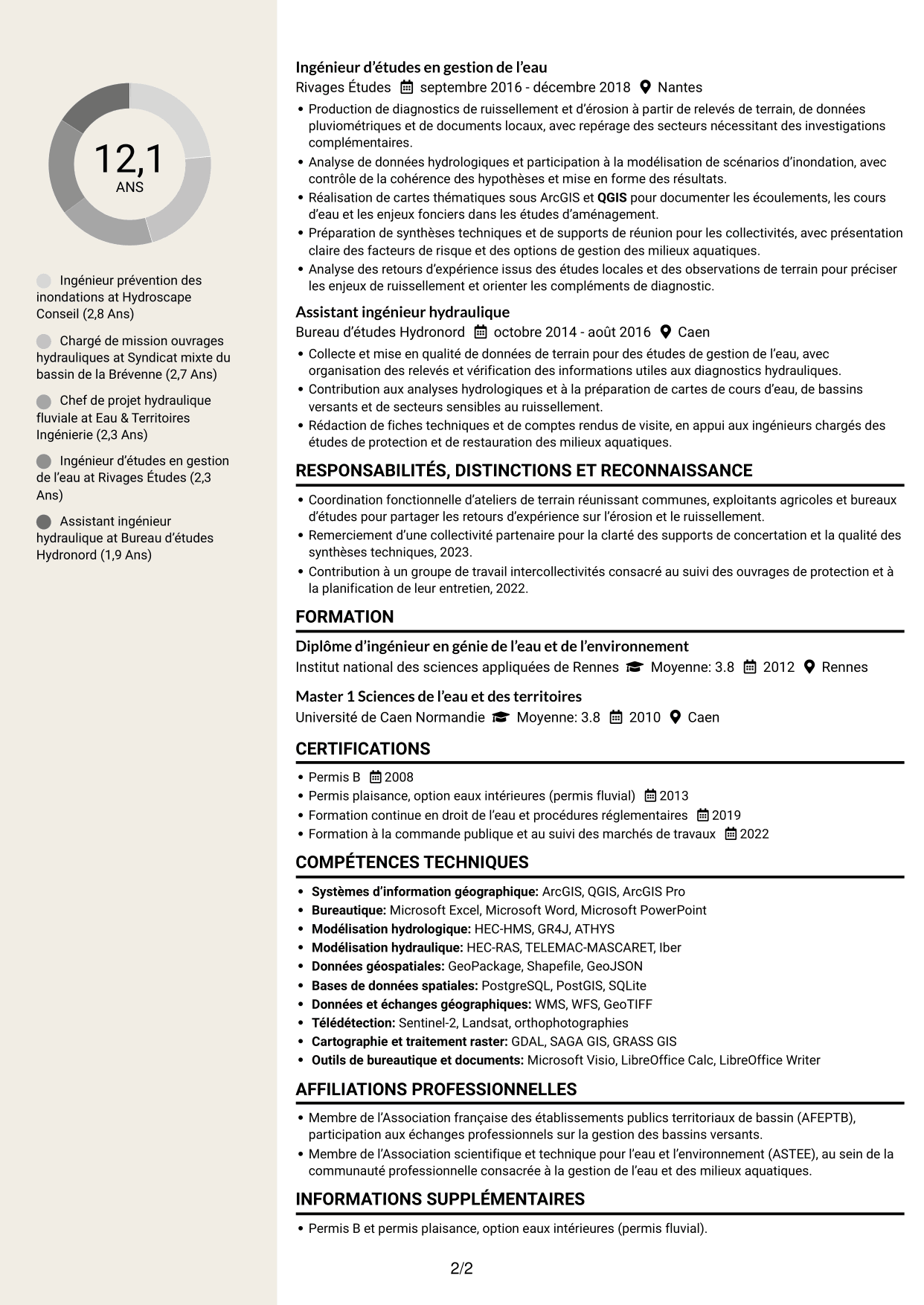 CV Fonceur (format à deux colonnes avec en-tête centré sans photo) : Chargé de mission prévention des inondations - Ruissellement rural, page 2