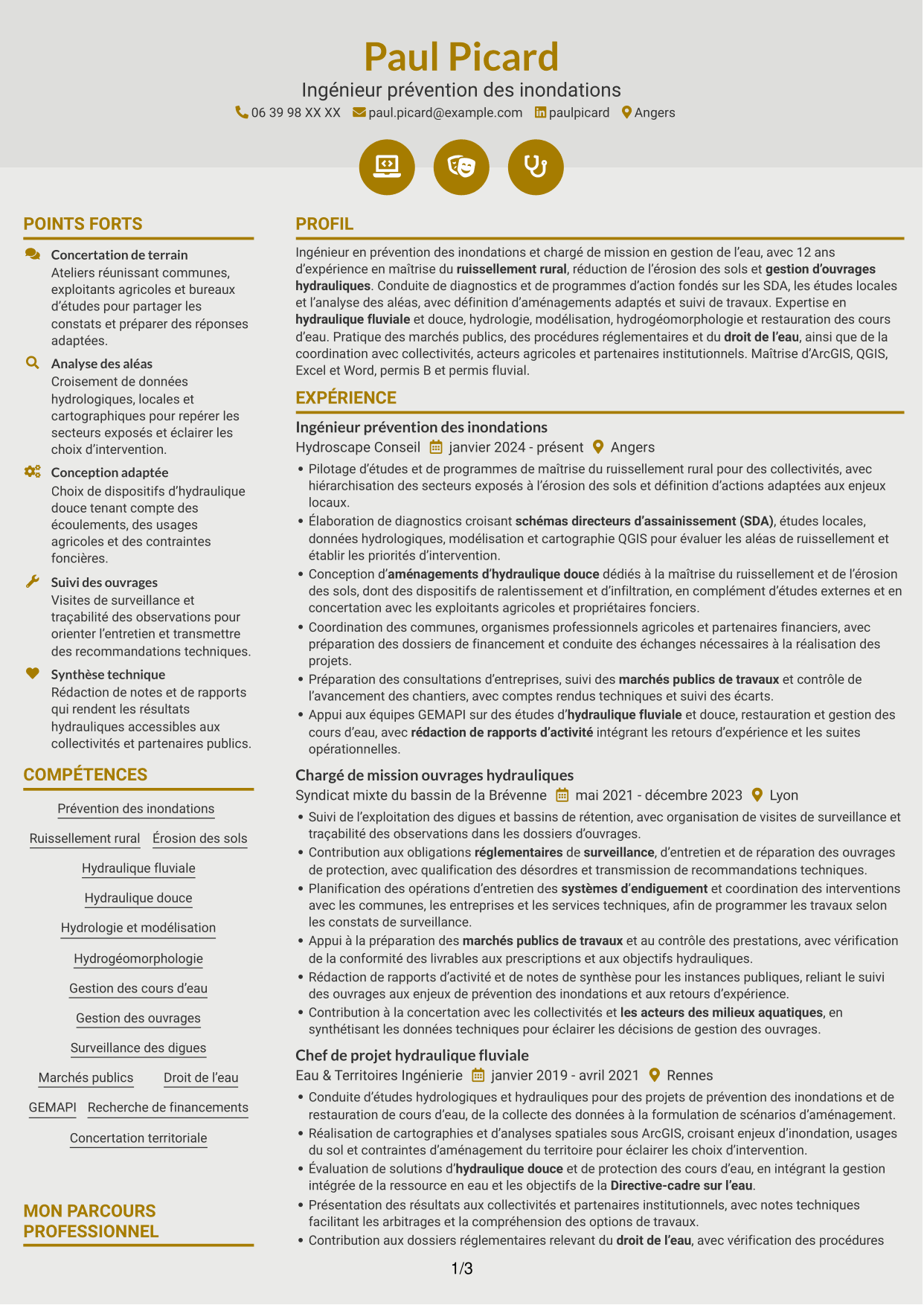 CV Dynamique (format à deux colonnes avec icônes) : Chargé de mission prévention des inondations - Ruissellement rural, page 1