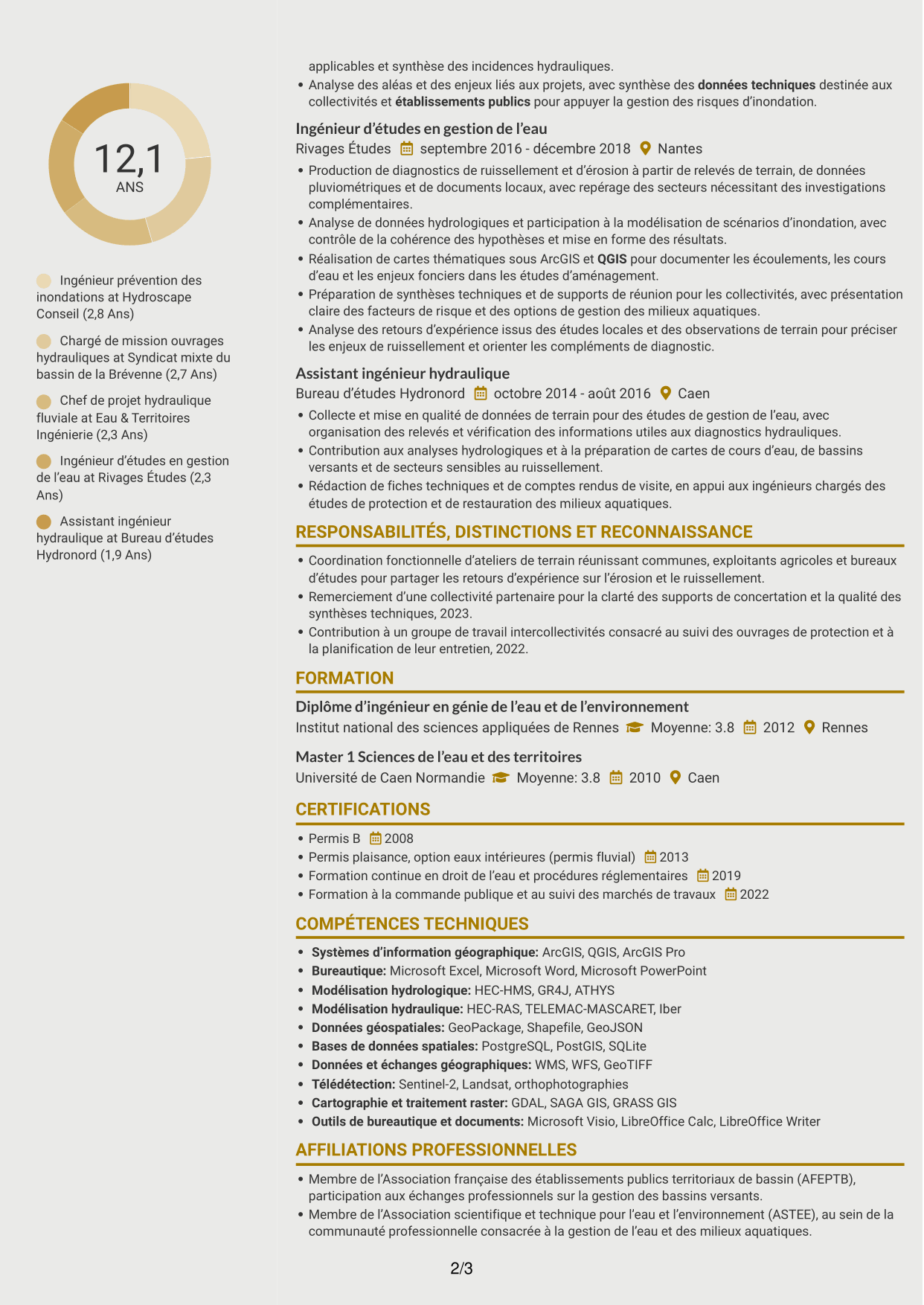 CV Dynamique (format à deux colonnes avec icônes) : Chargé de mission prévention des inondations - Ruissellement rural, page 2