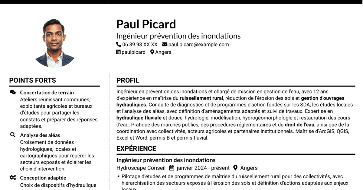 7 modèles de CV pour Chargé de mission prévention des inondations - Ruissellement rural, avec exemples