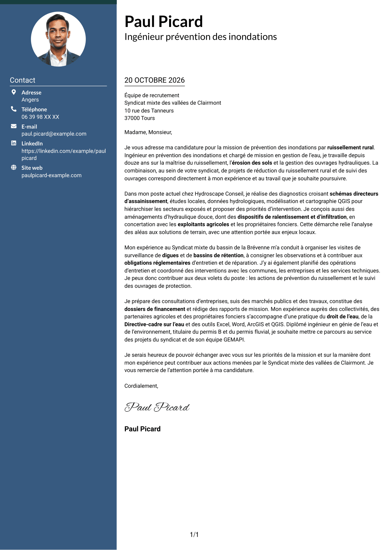Lettre de motivation Élégant (format à colonne latérale colorée avec photo) : Chargé de mission prévention des inondations - Ruissellement rural, page 1