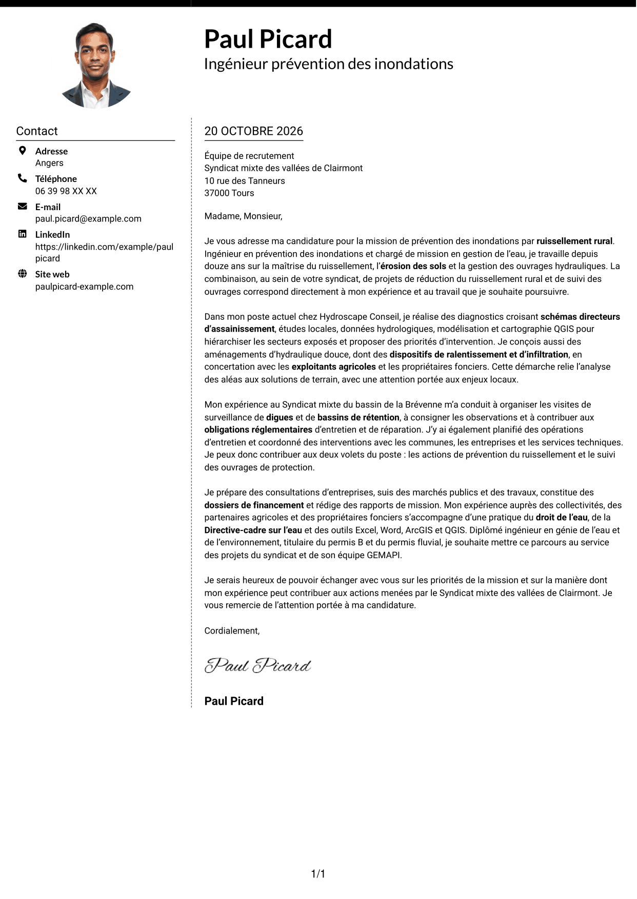 Lettre de motivation Moderne (format à deux colonnes avec photo à gauche et séparateur) : Chargé de mission prévention des inondations - Ruissellement rural, page 1