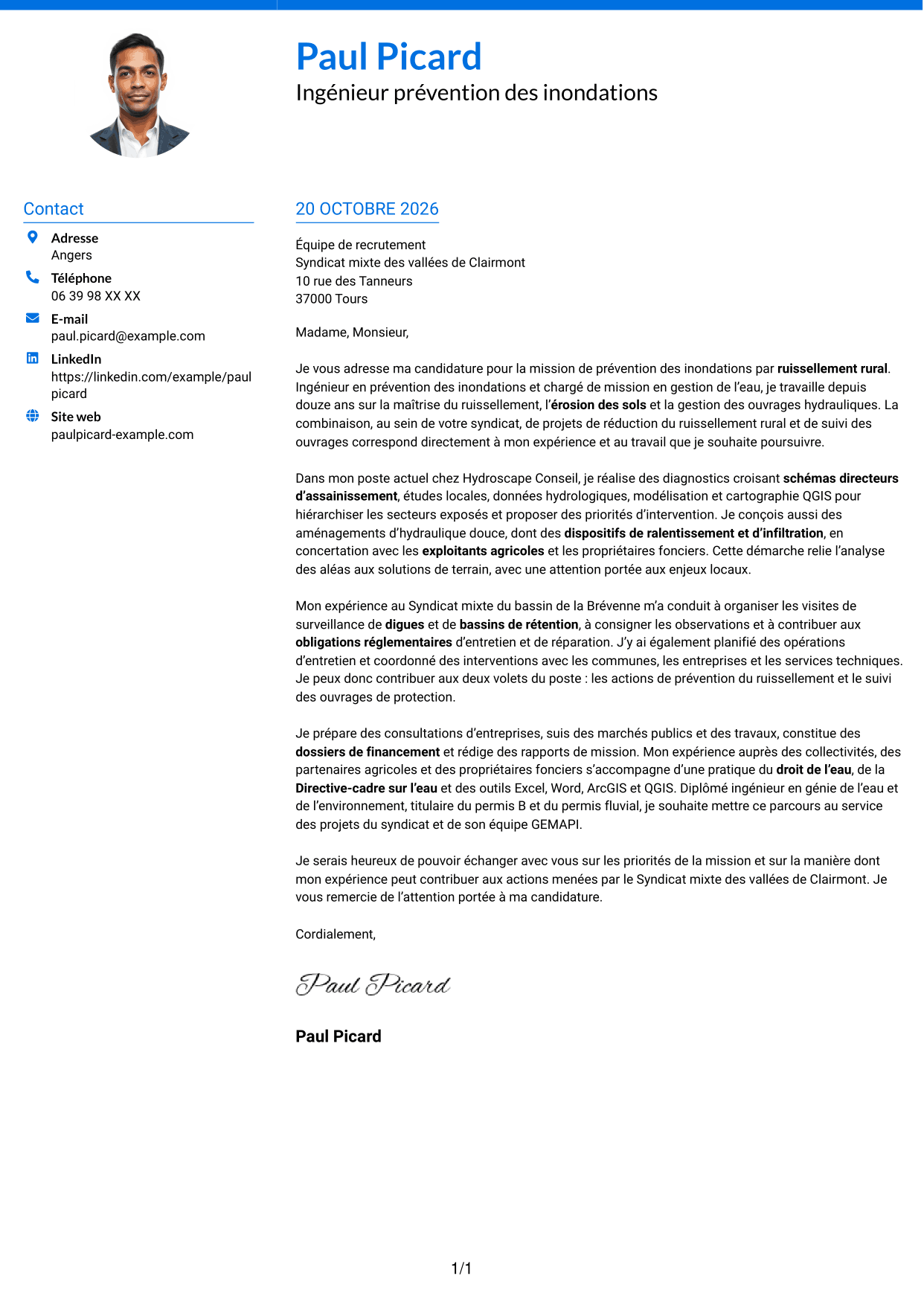 Lettre de motivation Audacieux (format à deux colonnes avec accents colorés et photo) : Chargé de mission prévention des inondations - Ruissellement rural, page 1