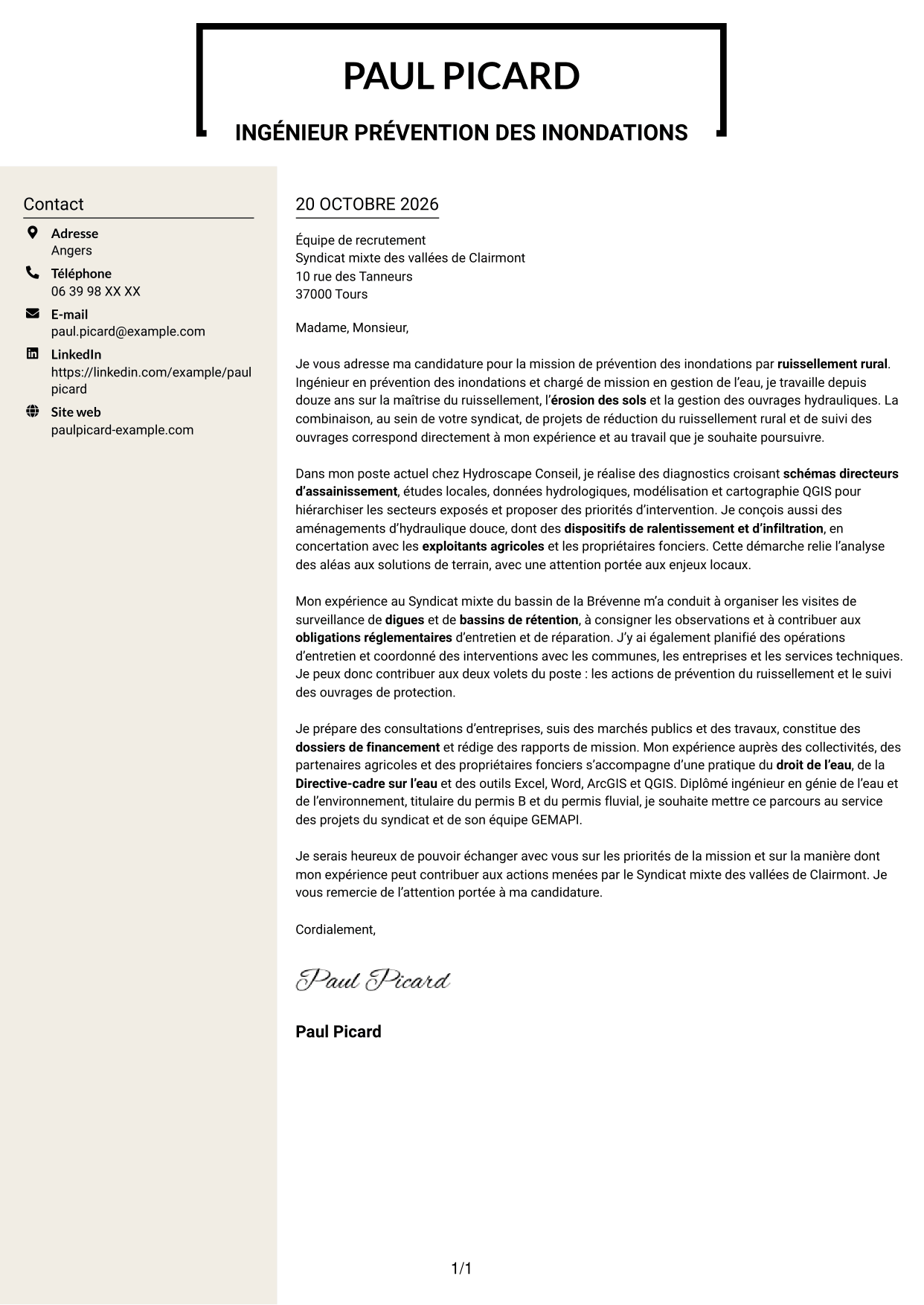 Lettre de motivation Fonceur (format à deux colonnes avec en-tête centré sans photo) : Chargé de mission prévention des inondations - Ruissellement rural, page 1