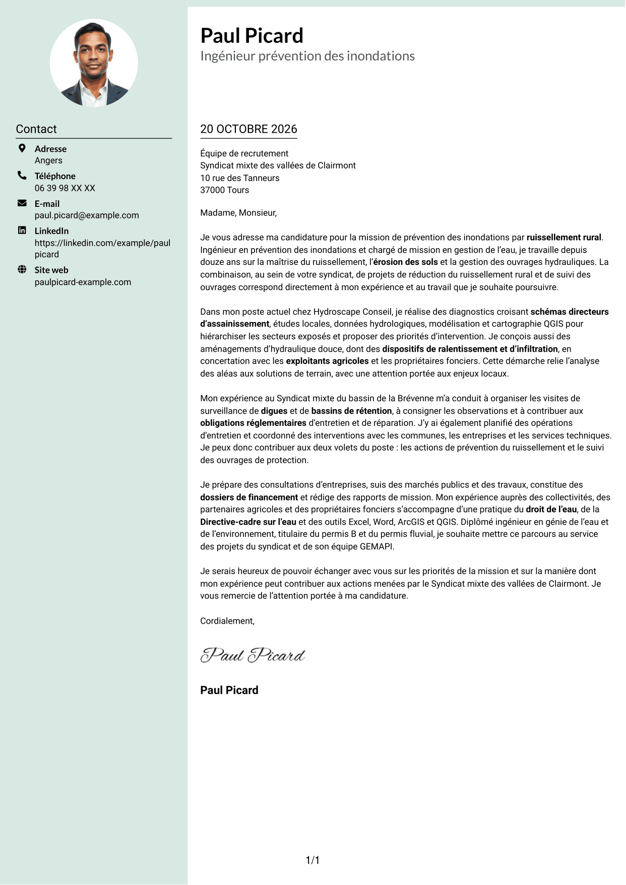 Lettre de motivation Cadre (format à colonne latérale douce avec photo arrondie) : Chargé de mission prévention des inondations - Ruissellement rural, page 1