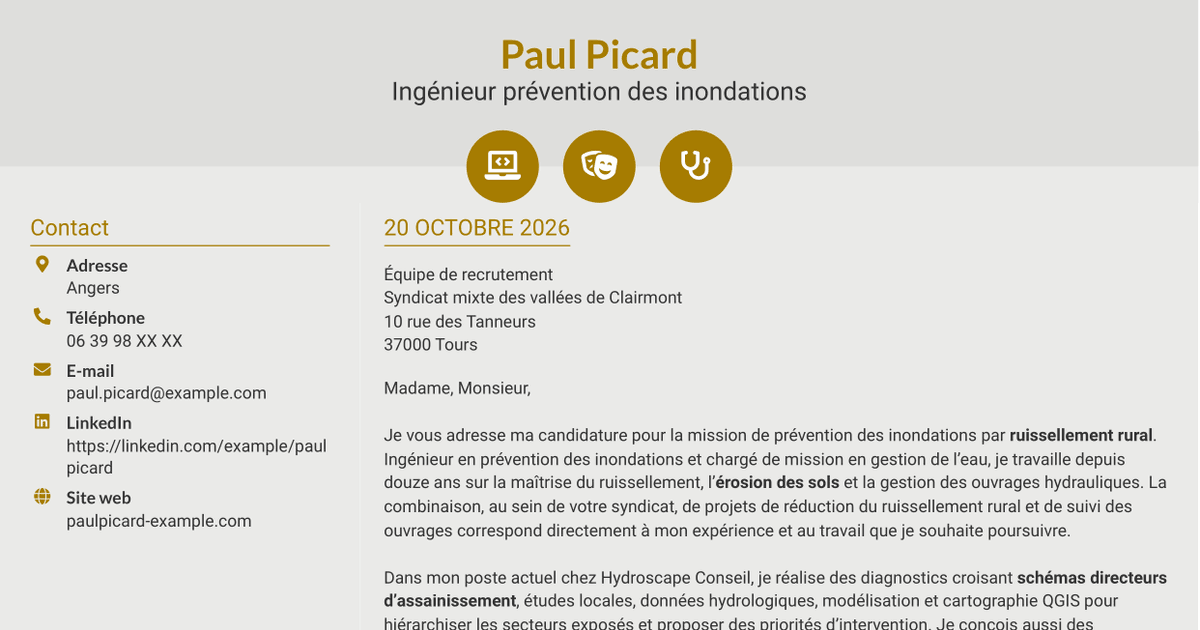 7 modèles de lettre de motivation pour Chargé de mission prévention des inondations - Ruissellement rural, avec exemples