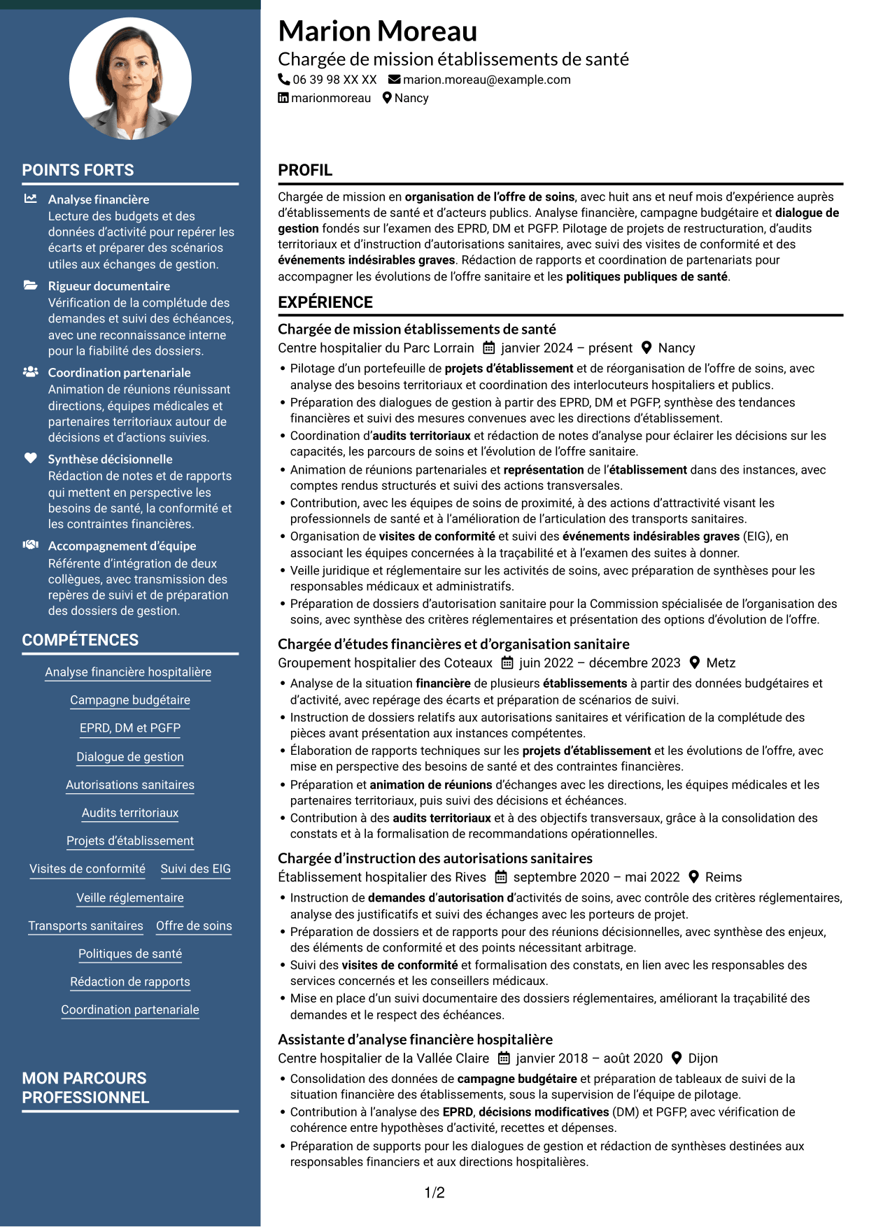 CV Élégant (format à colonne latérale colorée avec photo) : Chargé de mission Établissements de santé - Pilotage financier et réglementaire, page 1
