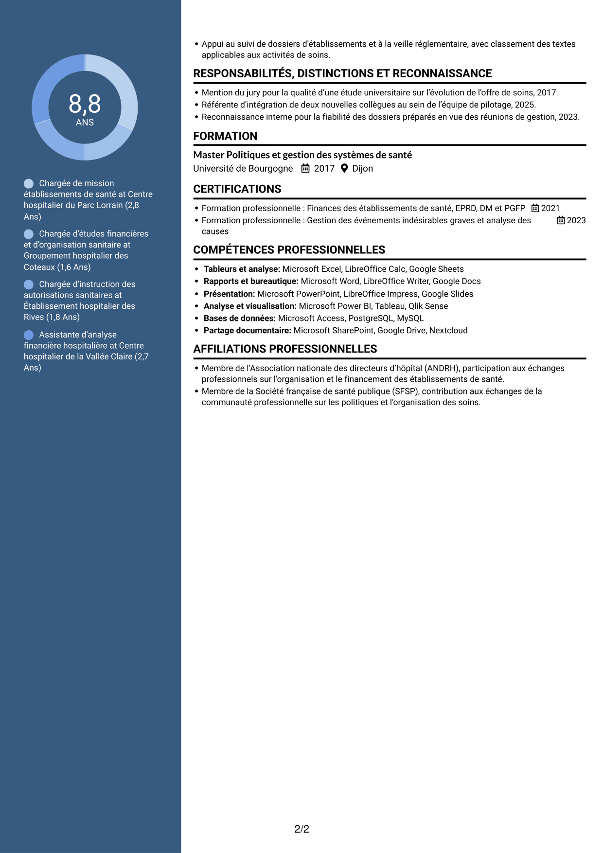 CV Élégant (format à colonne latérale colorée avec photo) : Chargé de mission Établissements de santé - Pilotage financier et réglementaire, page 2