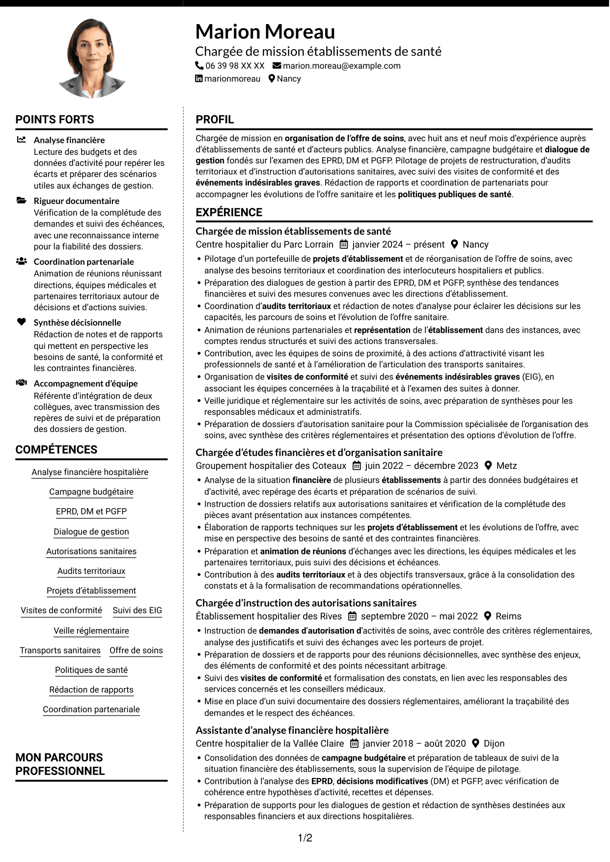CV Moderne (format à deux colonnes avec photo à gauche et séparateur) : Chargé de mission Établissements de santé - Pilotage financier et réglementaire, page 1