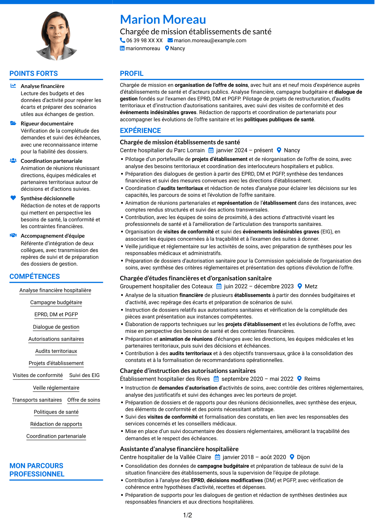CV Audacieux (format à deux colonnes avec accents colorés et photo) : Chargé de mission Établissements de santé - Pilotage financier et réglementaire, page 1