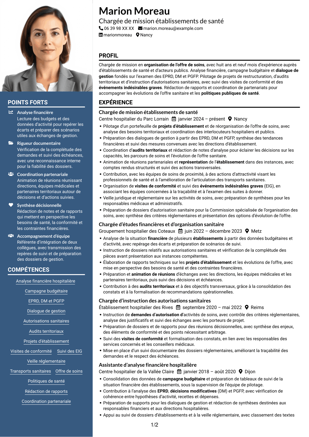 CV Signature (format à colonne latérale colorée avec grande photo) : Chargé de mission Établissements de santé - Pilotage financier et réglementaire, page 1