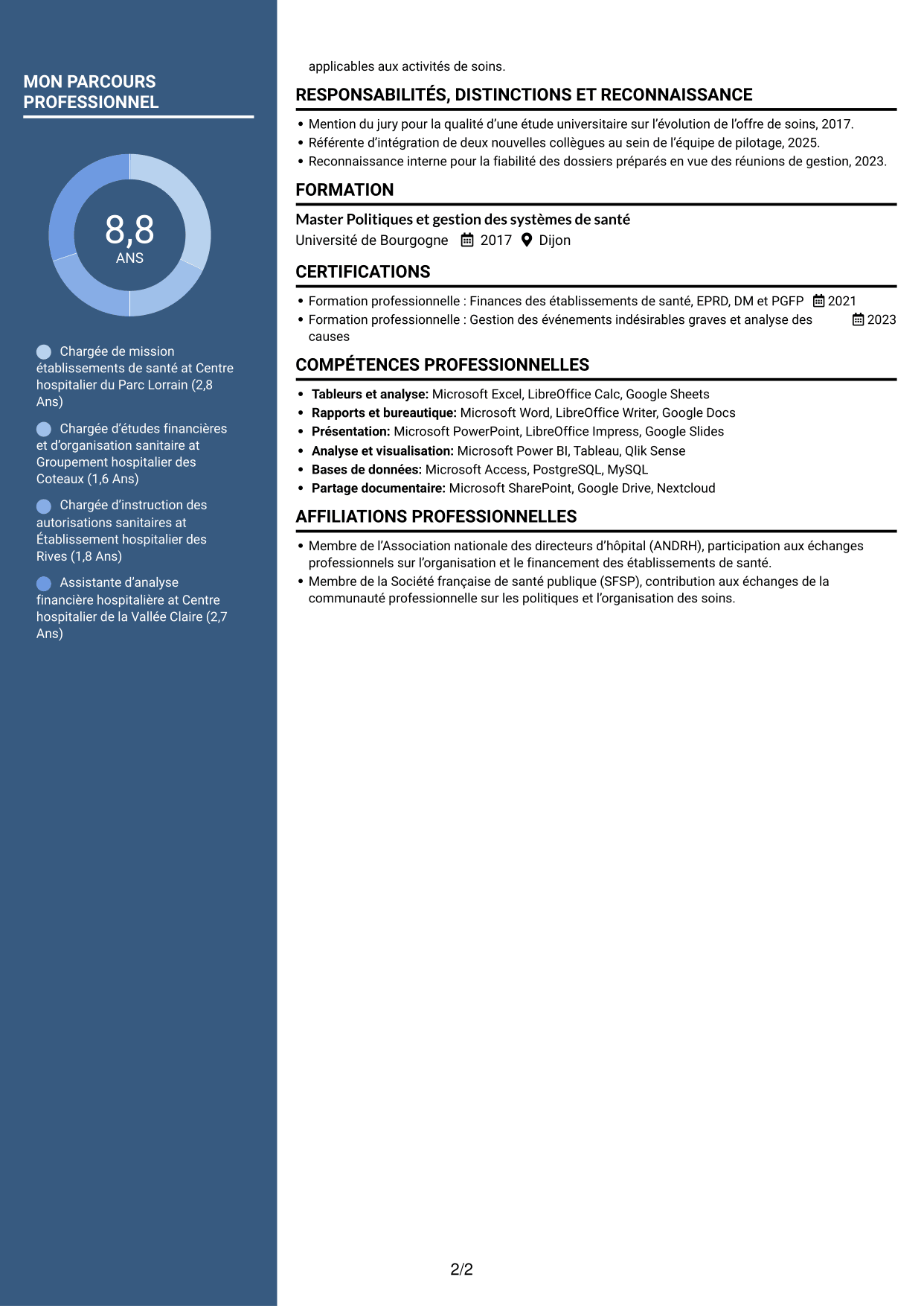 CV Signature (format à colonne latérale colorée avec grande photo) : Chargé de mission Établissements de santé - Pilotage financier et réglementaire, page 2