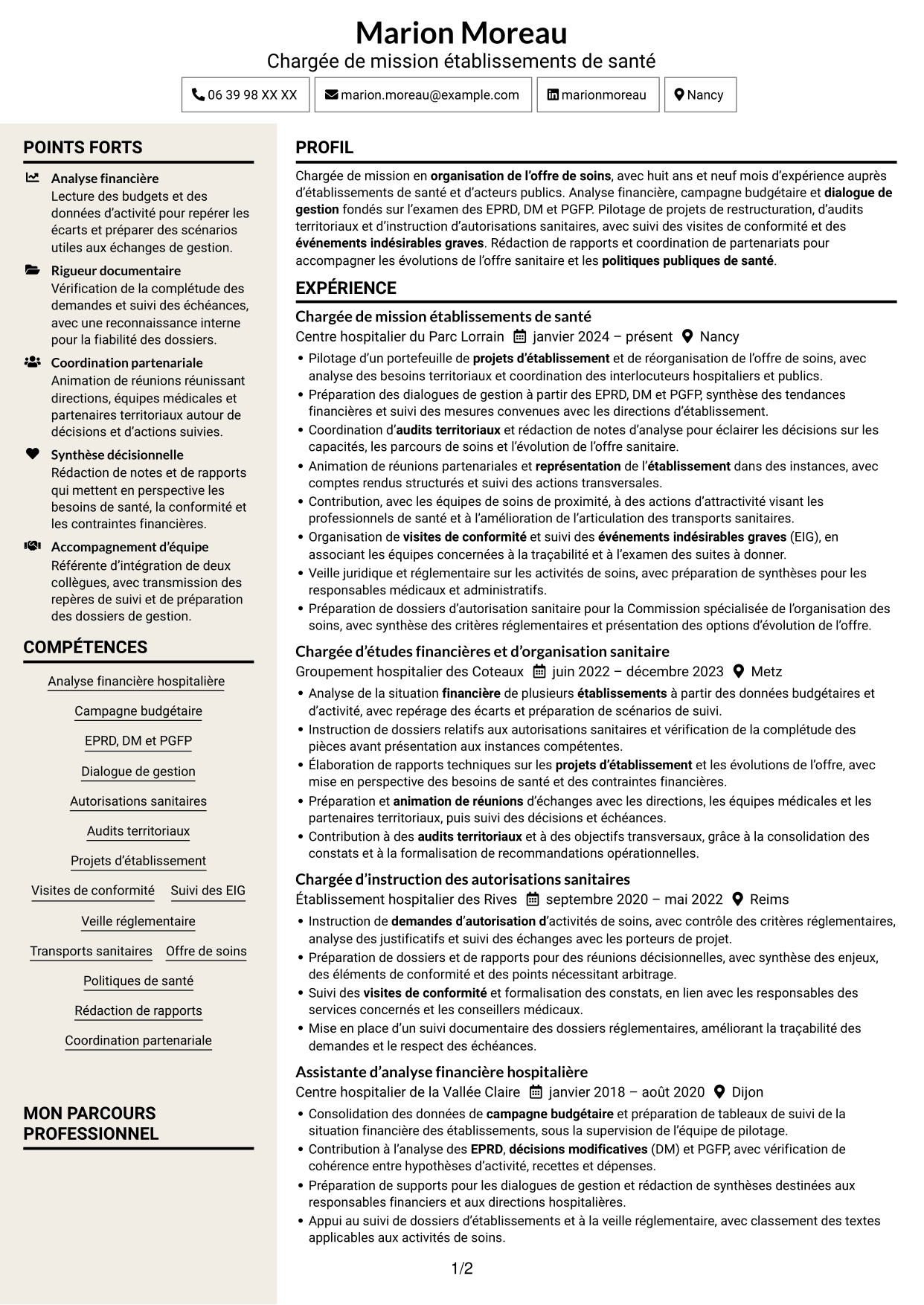 CV Fonceur (format à deux colonnes avec en-tête centré sans photo) : Chargé de mission Établissements de santé - Pilotage financier et réglementaire, page 1