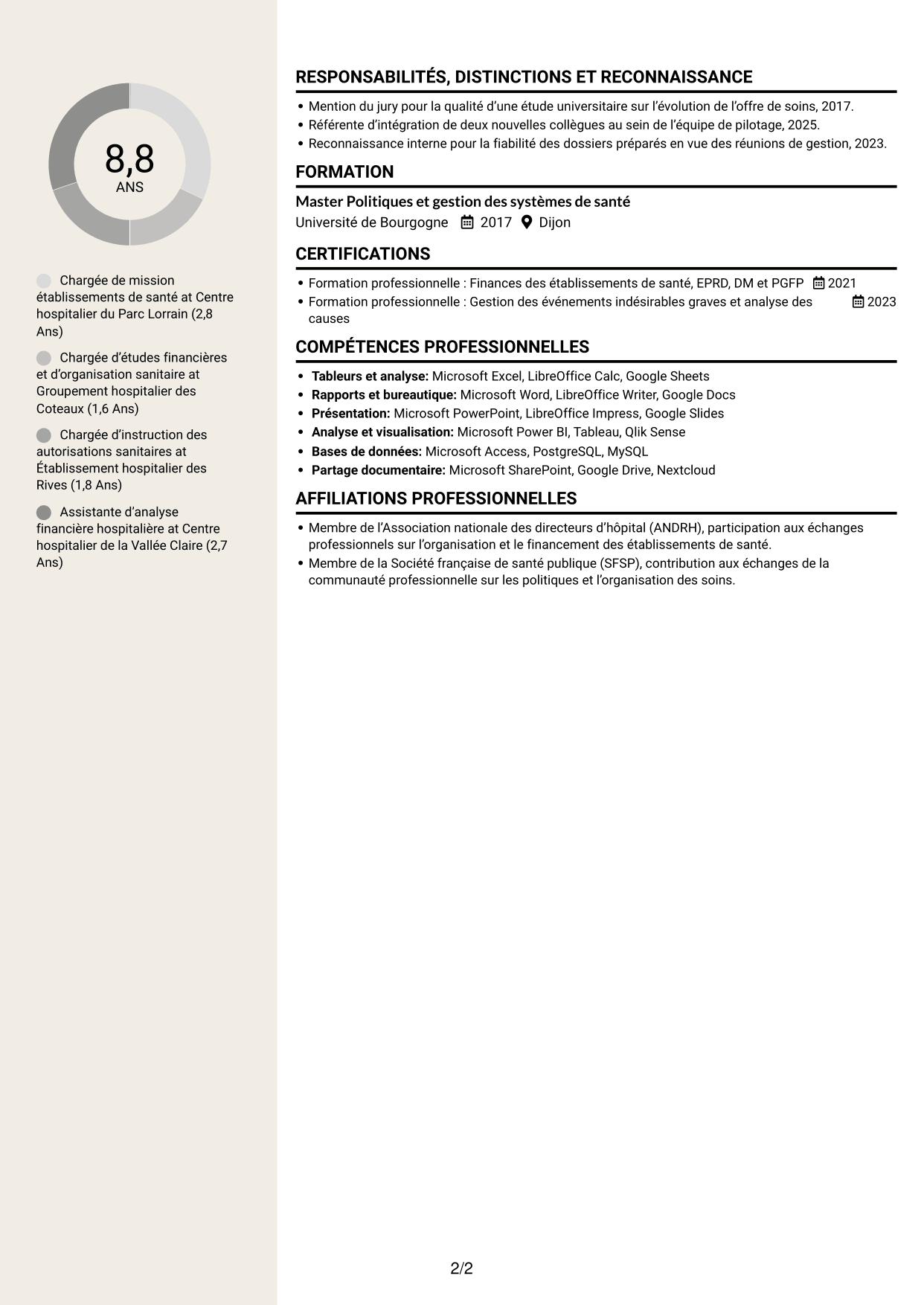 CV Fonceur (format à deux colonnes avec en-tête centré sans photo) : Chargé de mission Établissements de santé - Pilotage financier et réglementaire, page 2