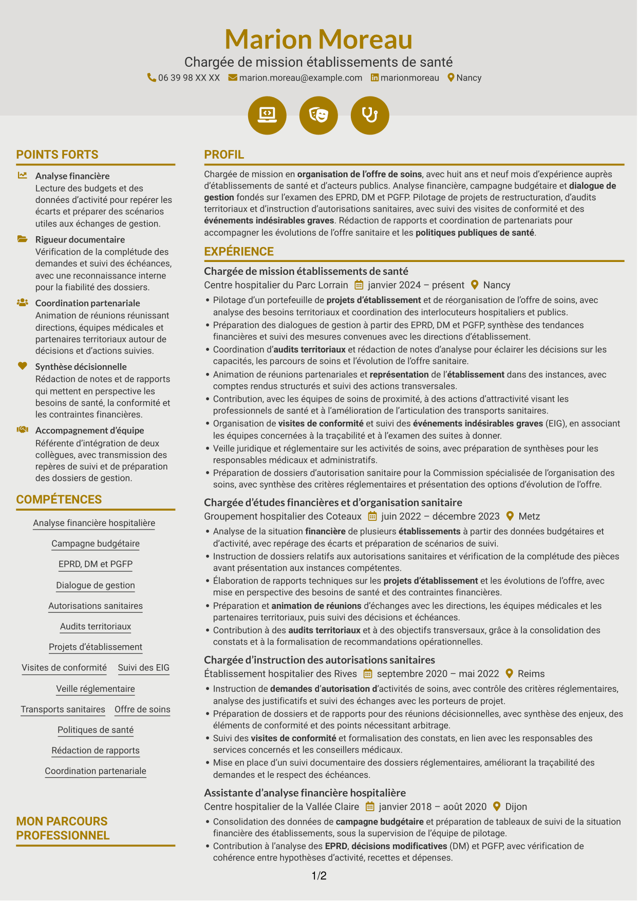 CV Dynamique (format à deux colonnes avec icônes) : Chargé de mission Établissements de santé - Pilotage financier et réglementaire, page 1