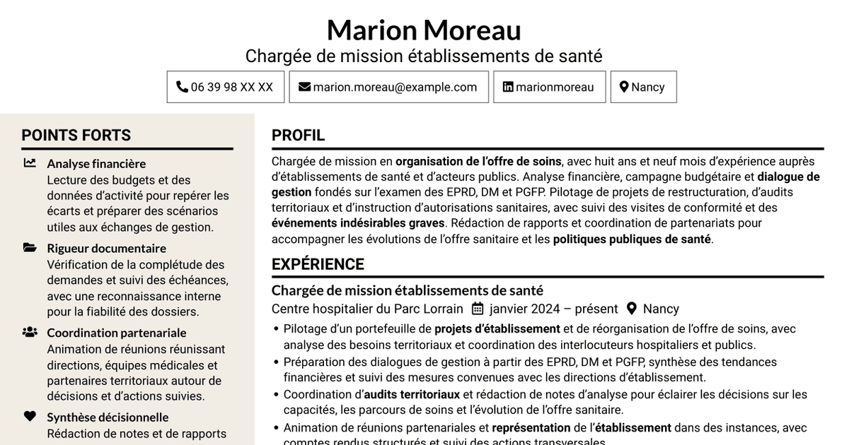 7 modèles de CV pour Chargé de mission Établissements de santé - Pilotage financier et réglementaire, avec exemples