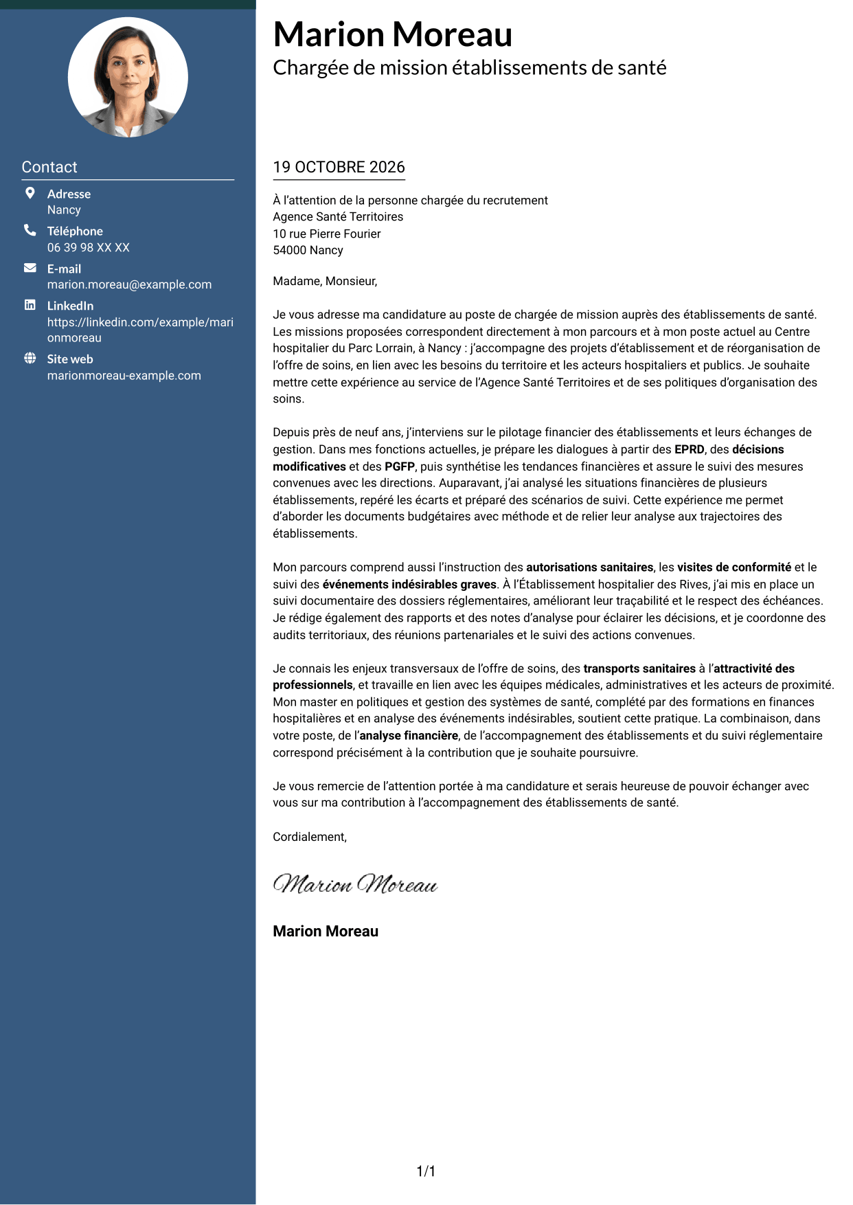 Lettre de motivation Élégant (format à colonne latérale colorée avec photo) : Chargé de mission Établissements de santé - Pilotage financier et réglementaire, page 1