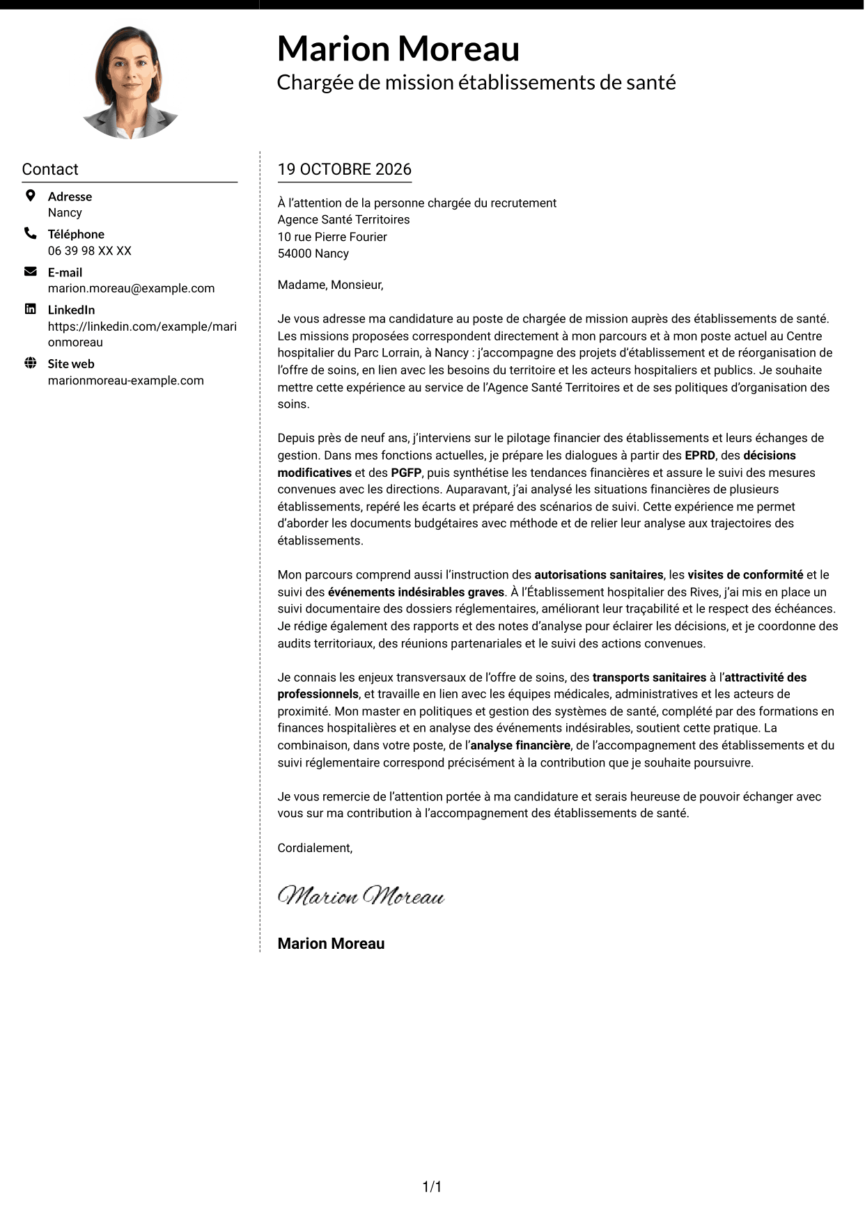 Lettre de motivation Moderne (format à deux colonnes avec photo à gauche et séparateur) : Chargé de mission Établissements de santé - Pilotage financier et réglementaire, page 1