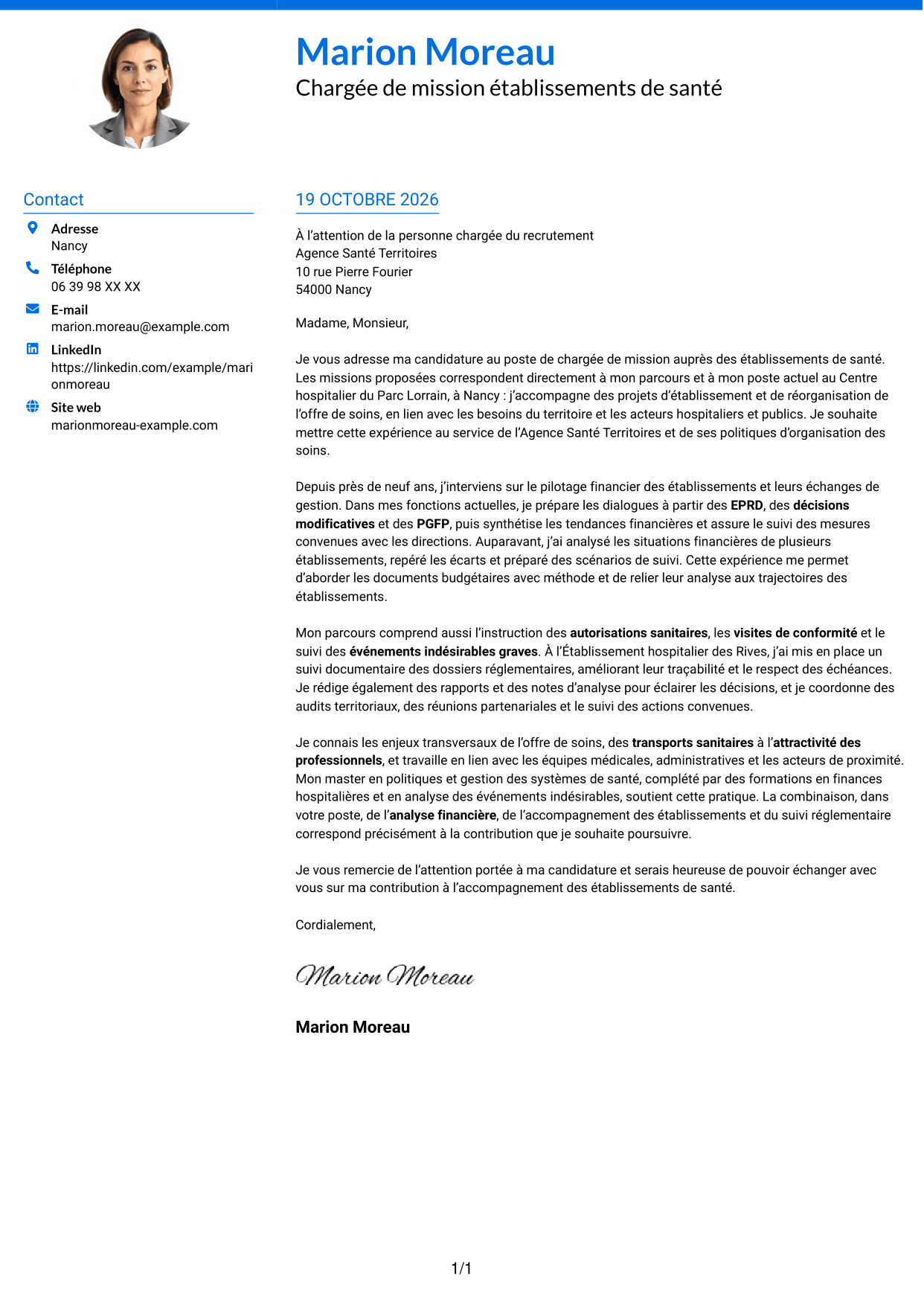 Lettre de motivation Audacieux (format à deux colonnes avec accents colorés et photo) : Chargé de mission Établissements de santé - Pilotage financier et réglementaire, page 1