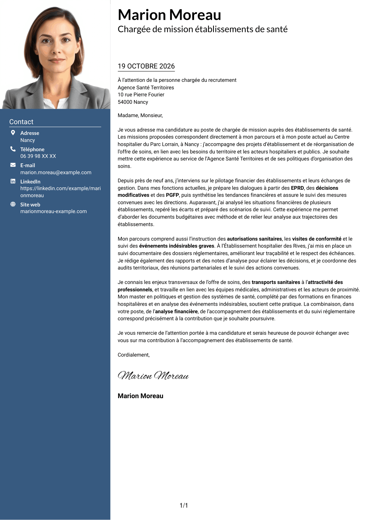 Lettre de motivation Signature (format à colonne latérale colorée avec grande photo) : Chargé de mission Établissements de santé - Pilotage financier et réglementaire, page 1