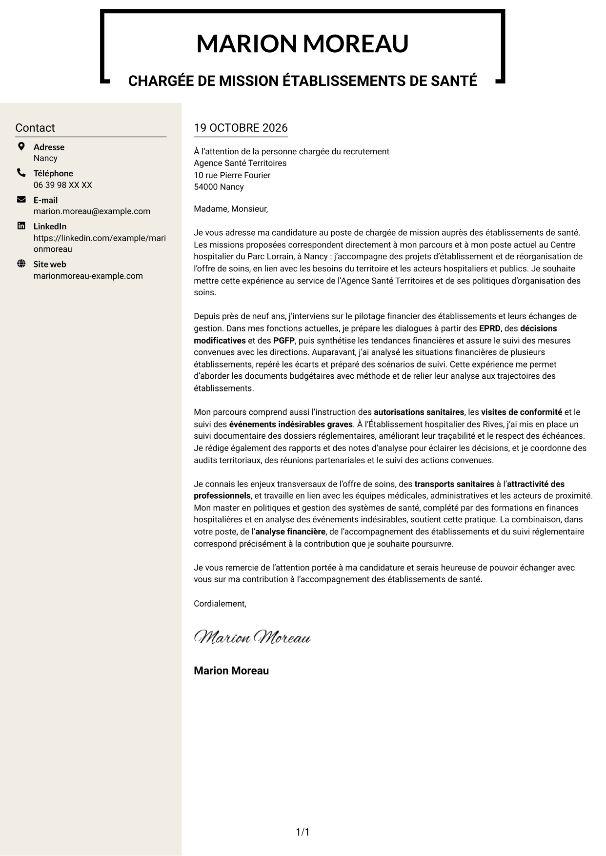 Lettre de motivation Fonceur (format à deux colonnes avec en-tête centré sans photo) : Chargé de mission Établissements de santé - Pilotage financier et réglementaire, page 1