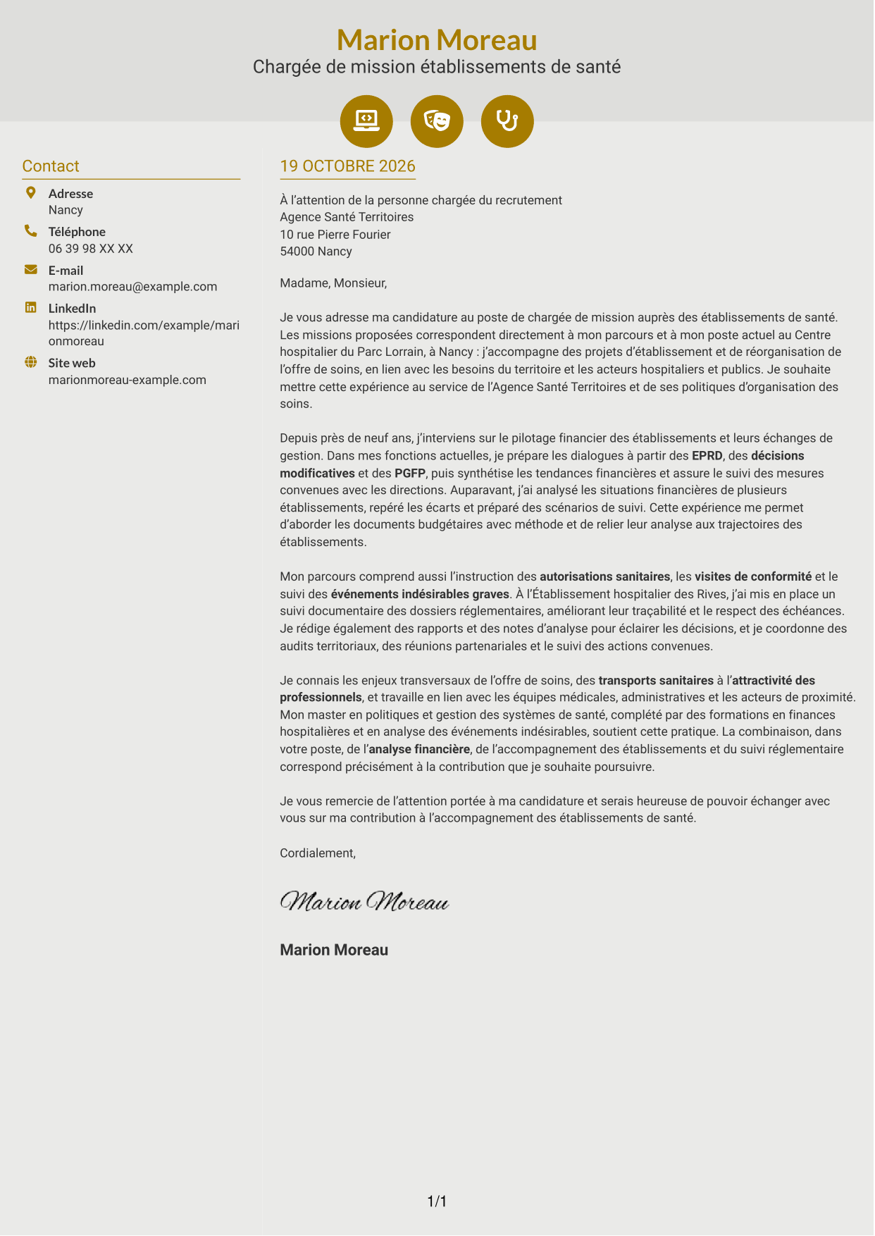 Lettre de motivation Dynamique (format à deux colonnes avec icônes) : Chargé de mission Établissements de santé - Pilotage financier et réglementaire, page 1