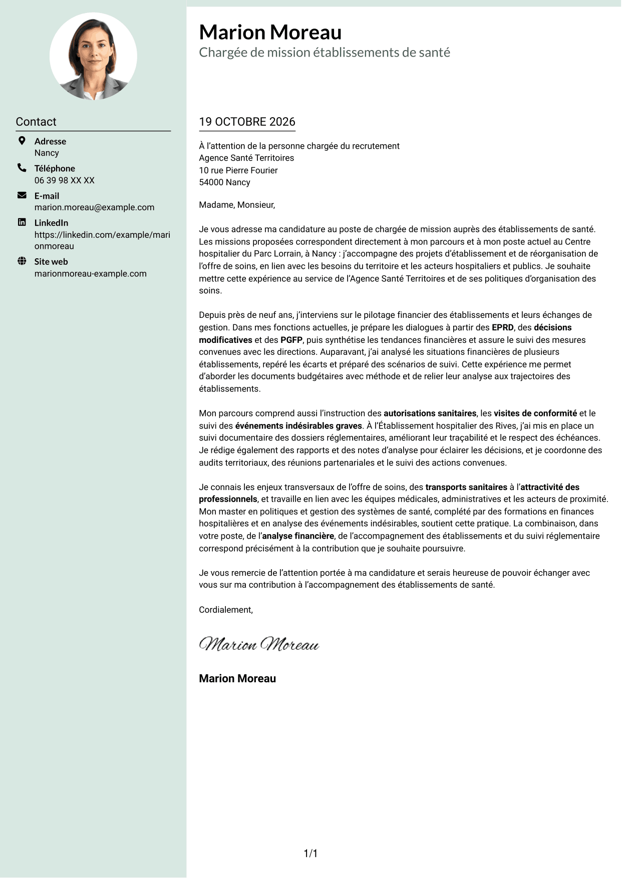 Lettre de motivation Cadre (format à colonne latérale douce avec photo arrondie) : Chargé de mission Établissements de santé - Pilotage financier et réglementaire, page 1