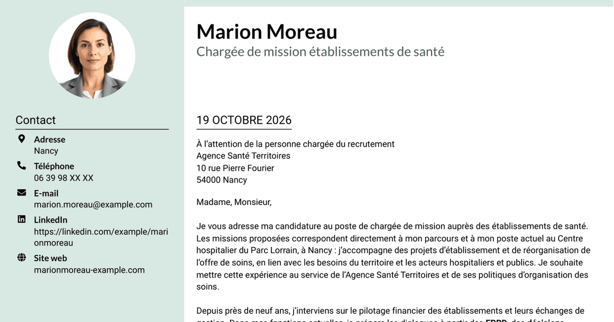 7 modèles de lettre de motivation pour Chargé de mission Établissements de santé - Pilotage financier et réglementaire, avec exemples