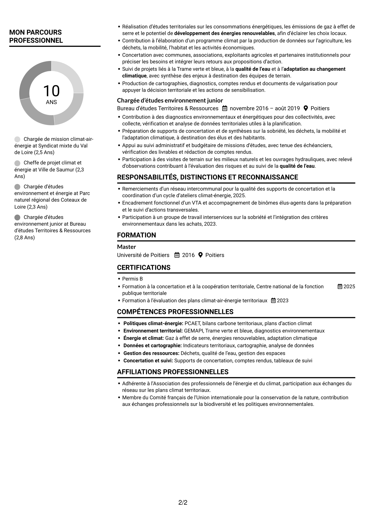 CV Compact (format sobre à deux colonnes avec photo) : Chargé de mission transition écologique, page 2