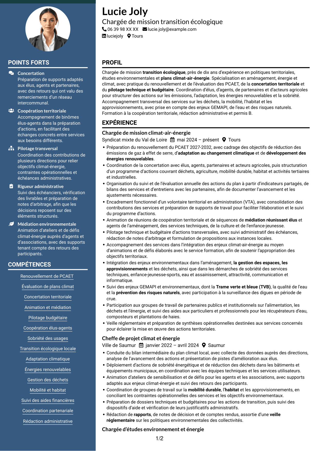 CV Élégant (format à colonne latérale colorée avec photo) : Chargé de mission transition écologique, page 1