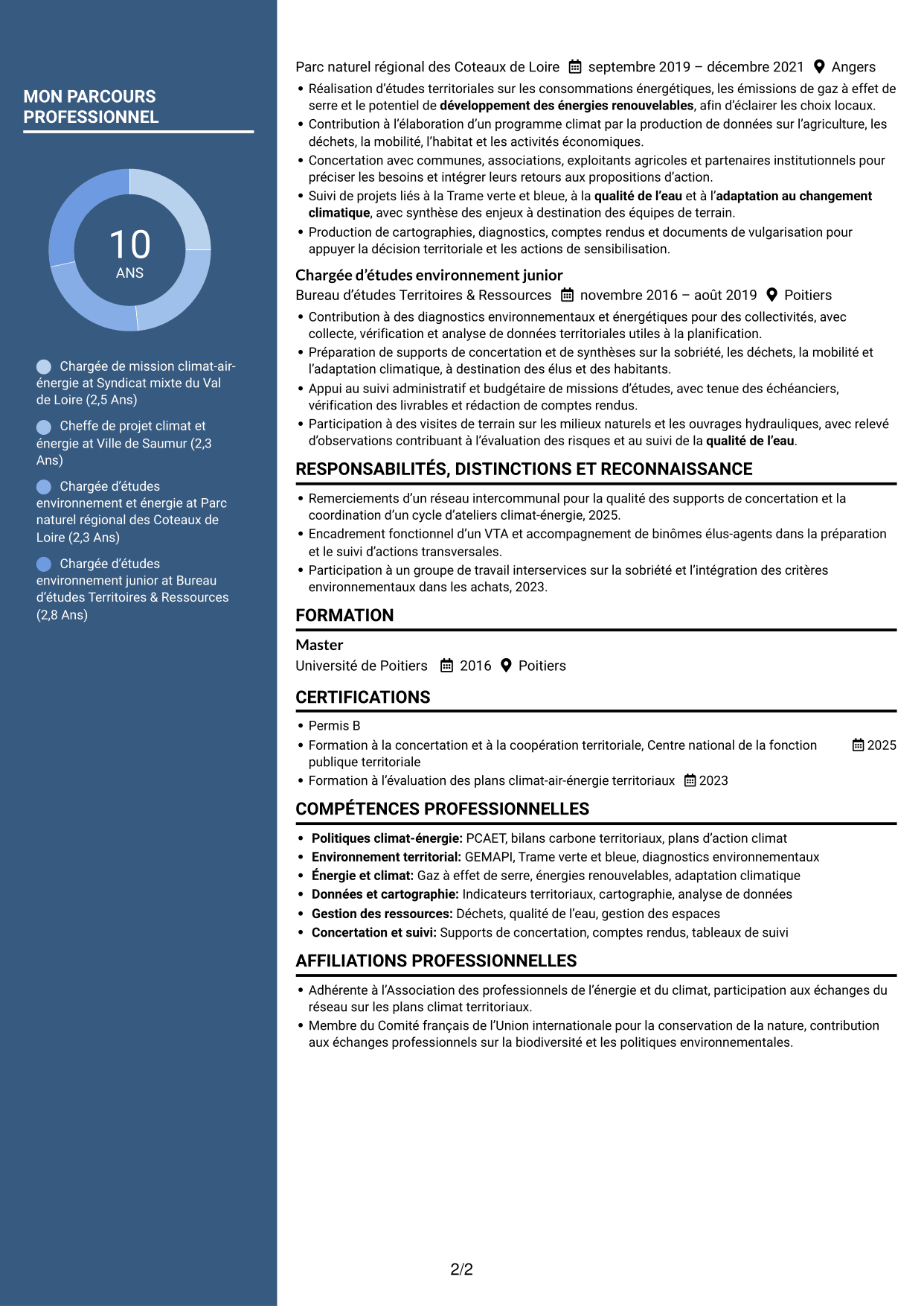 CV Élégant (format à colonne latérale colorée avec photo) : Chargé de mission transition écologique, page 2