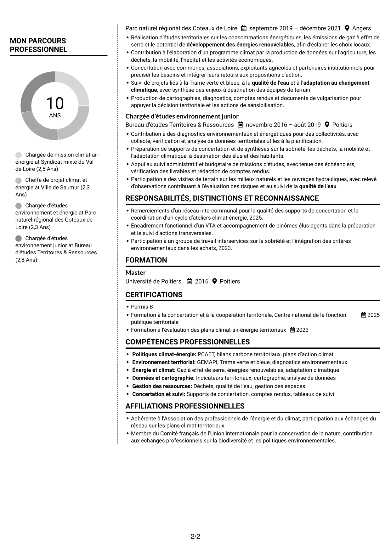 CV Moderne (format à deux colonnes avec photo à gauche et séparateur) : Chargé de mission transition écologique, page 2