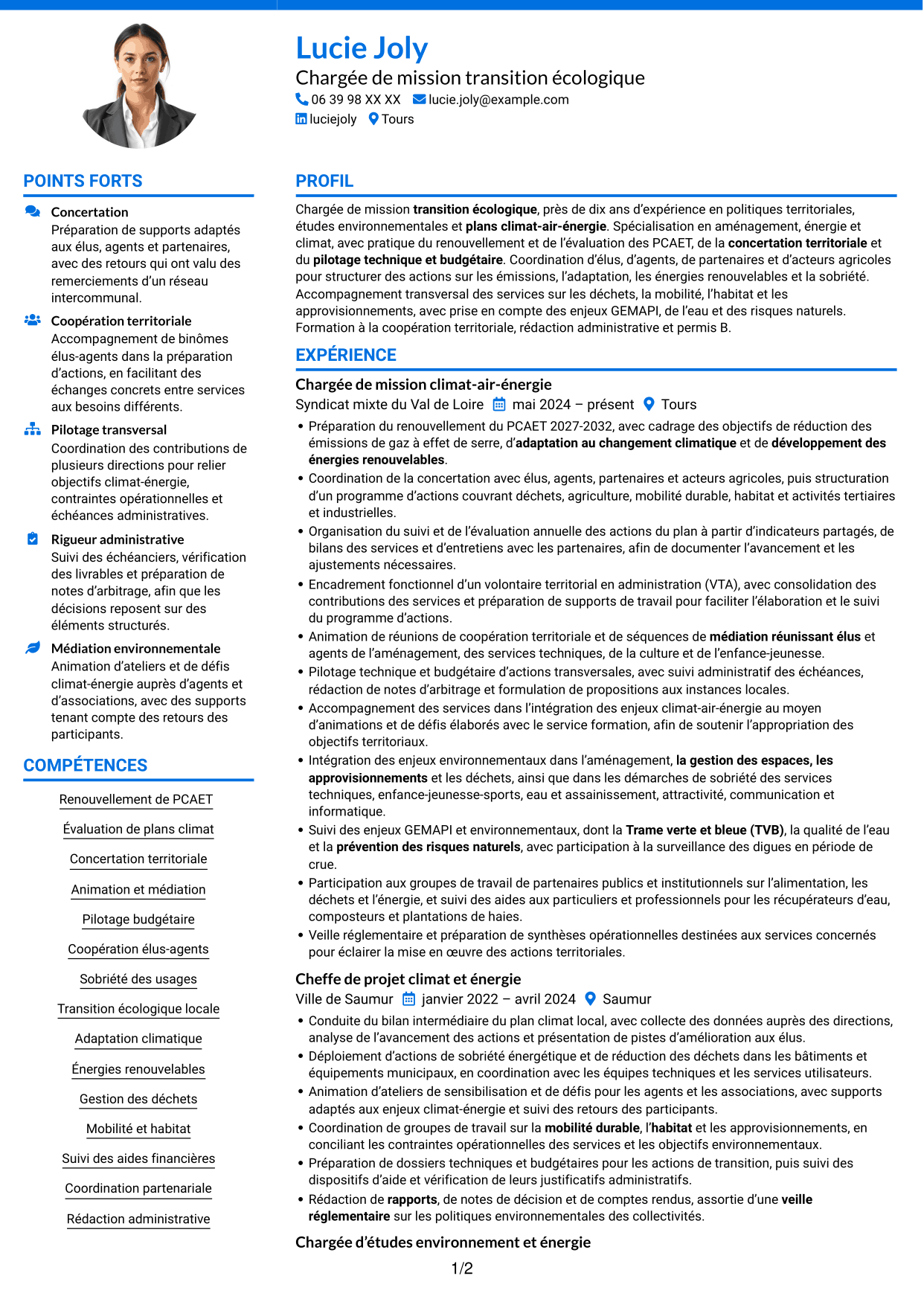 CV Audacieux (format à deux colonnes avec accents colorés et photo) : Chargé de mission transition écologique, page 1