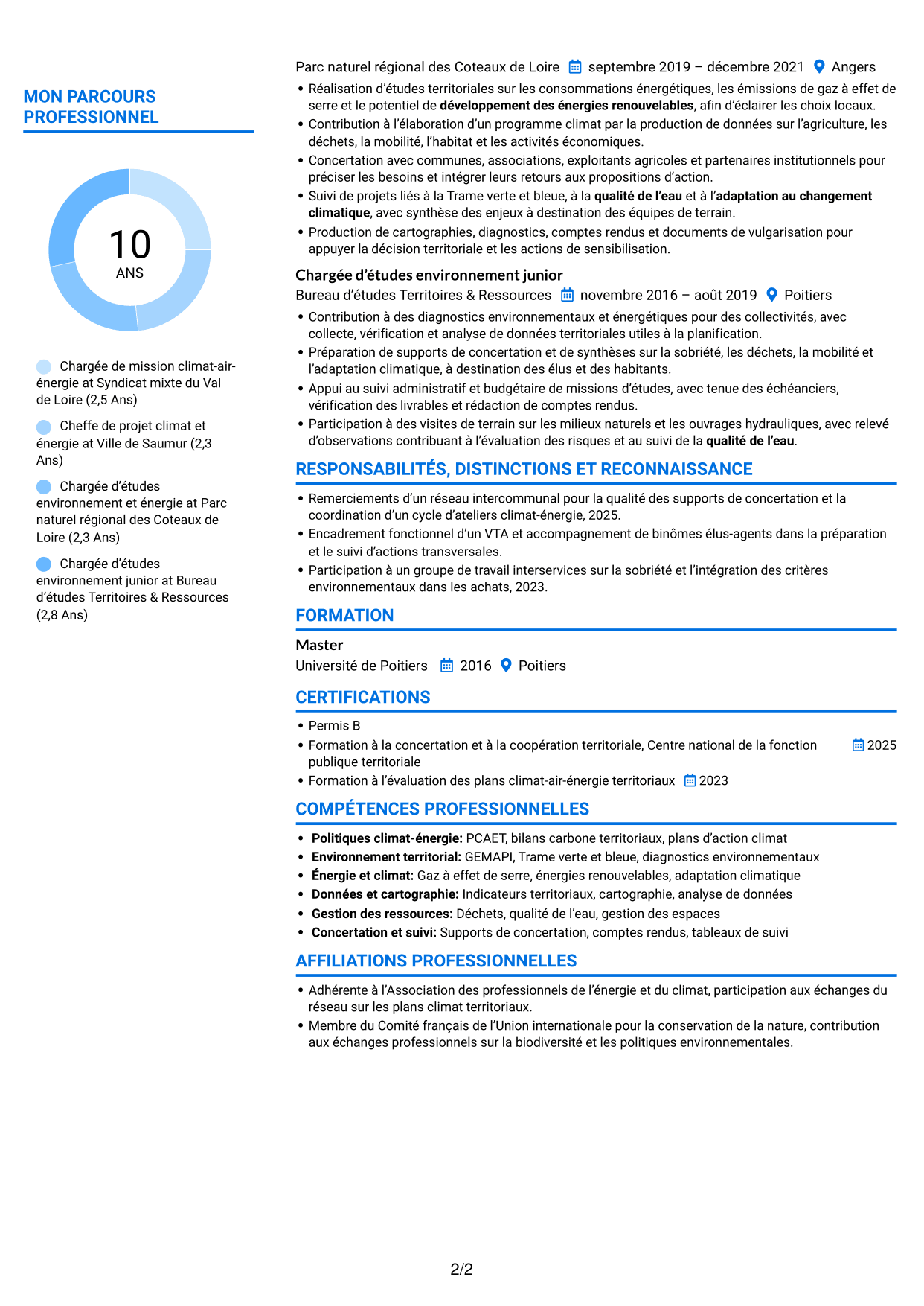 CV Audacieux (format à deux colonnes avec accents colorés et photo) : Chargé de mission transition écologique, page 2