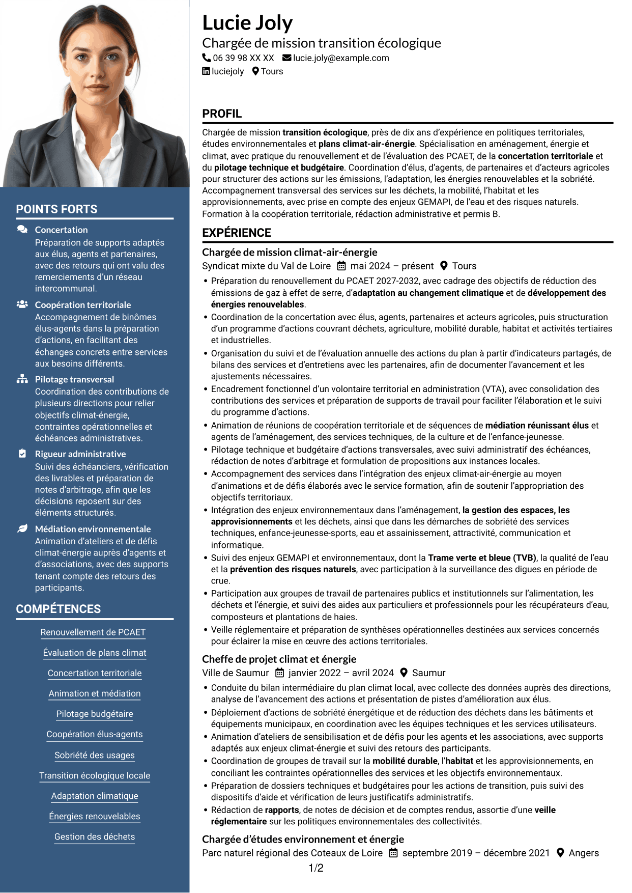 CV Signature (format à colonne latérale colorée avec grande photo) : Chargé de mission transition écologique, page 1