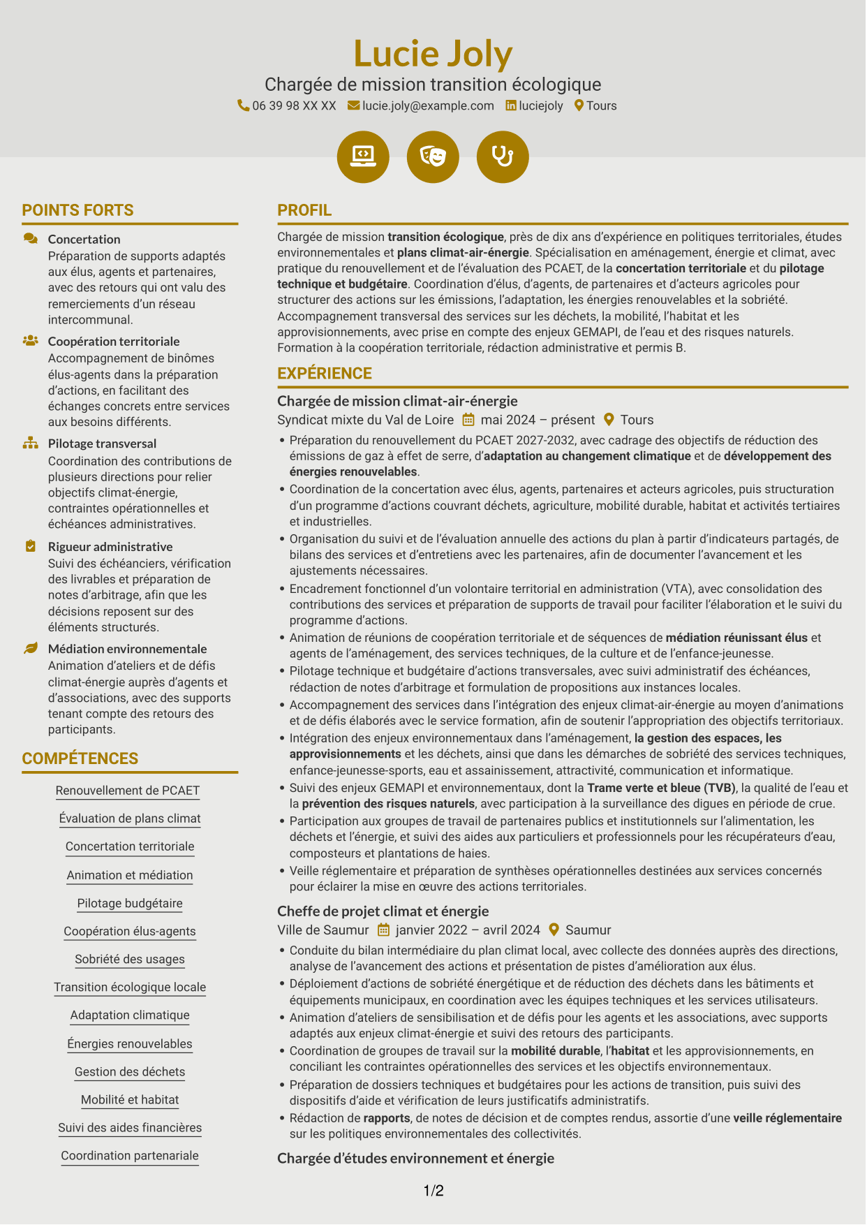 CV Dynamique (format à deux colonnes avec icônes) : Chargé de mission transition écologique, page 1