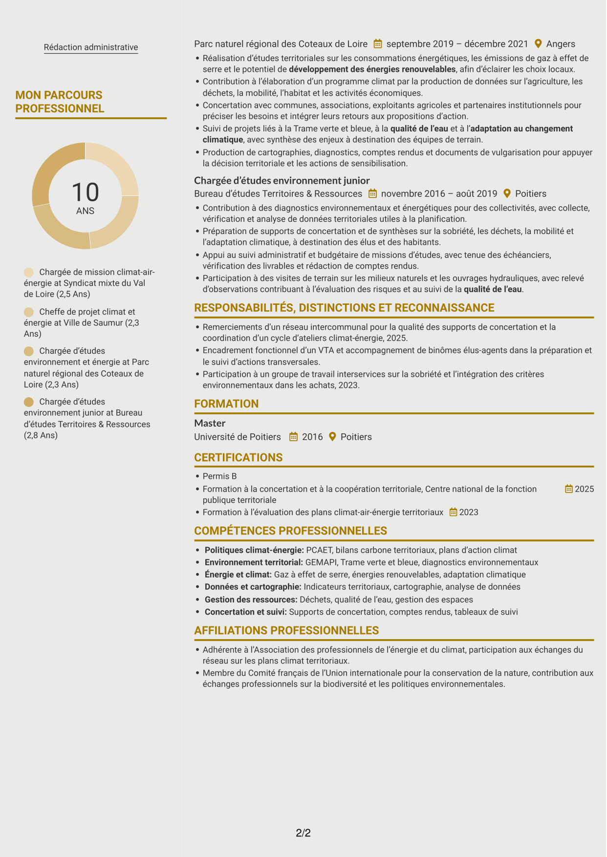 CV Dynamique (format à deux colonnes avec icônes) : Chargé de mission transition écologique, page 2