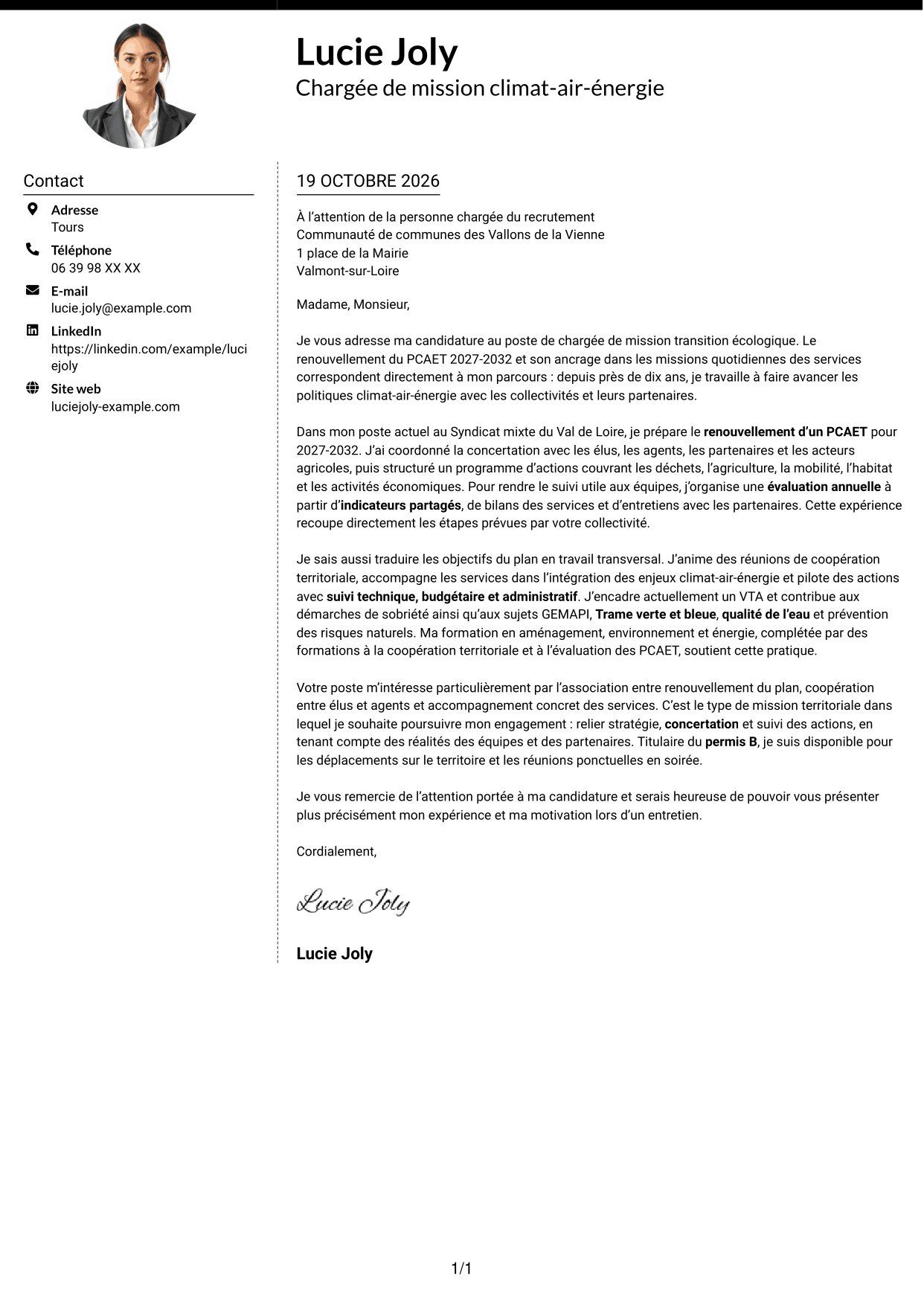 Lettre de motivation Moderne (format à deux colonnes avec photo à gauche et séparateur) : Chargé de mission transition écologique, page 1
